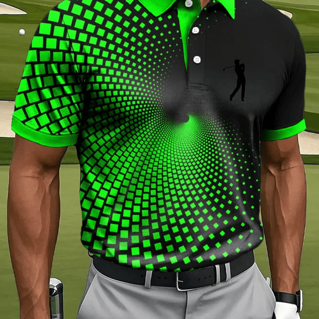 TEMU [Design Imprimé - Non Texturé] T-shirt de sport décontracté pour homme à manches courtes, imprimé à rayures géométriques et motif de golf, tissu