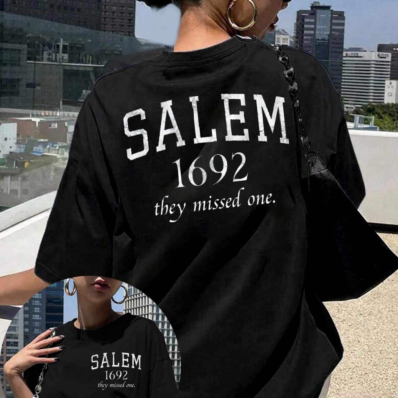 TEMU Women's Letter Print Tshirt Salem, 1692 Black Shortsleeved Round Neck Casual Top, Medium Elastic Breathable Fabric, Machine Washable And Summer,