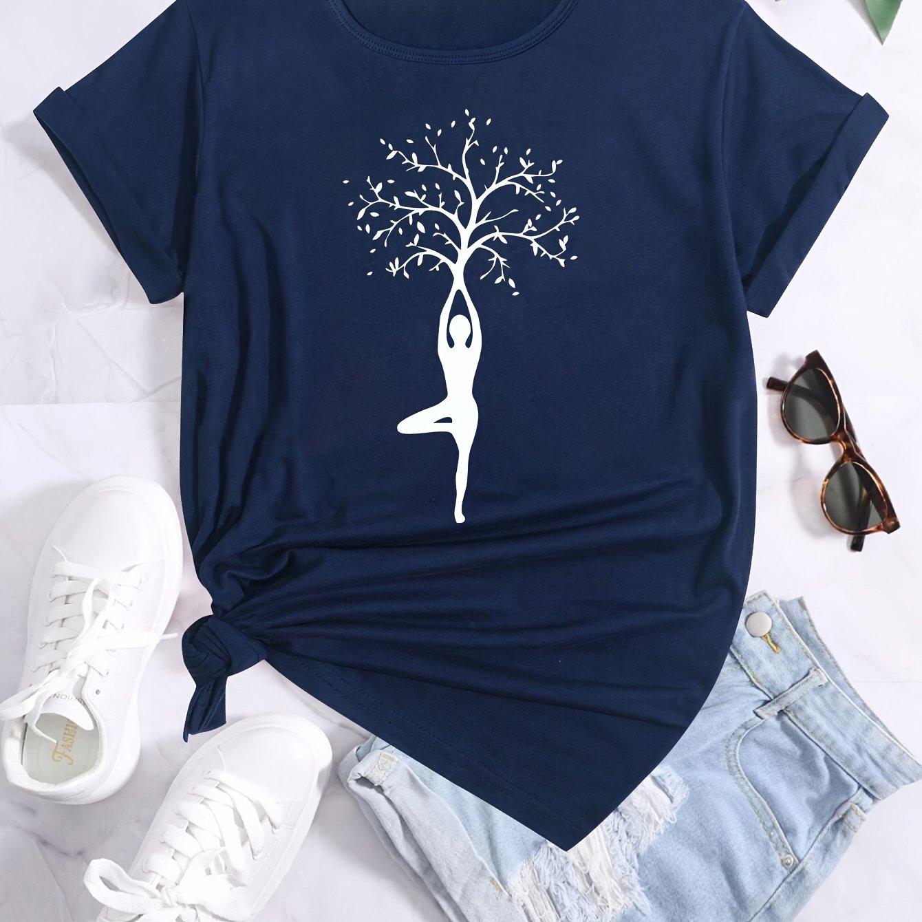 TEMU Yoga Print Comfortable Soft T-shirt Round Neck Short Sleeve T-shirt Loose And Comfortable T-shirt Funny Print