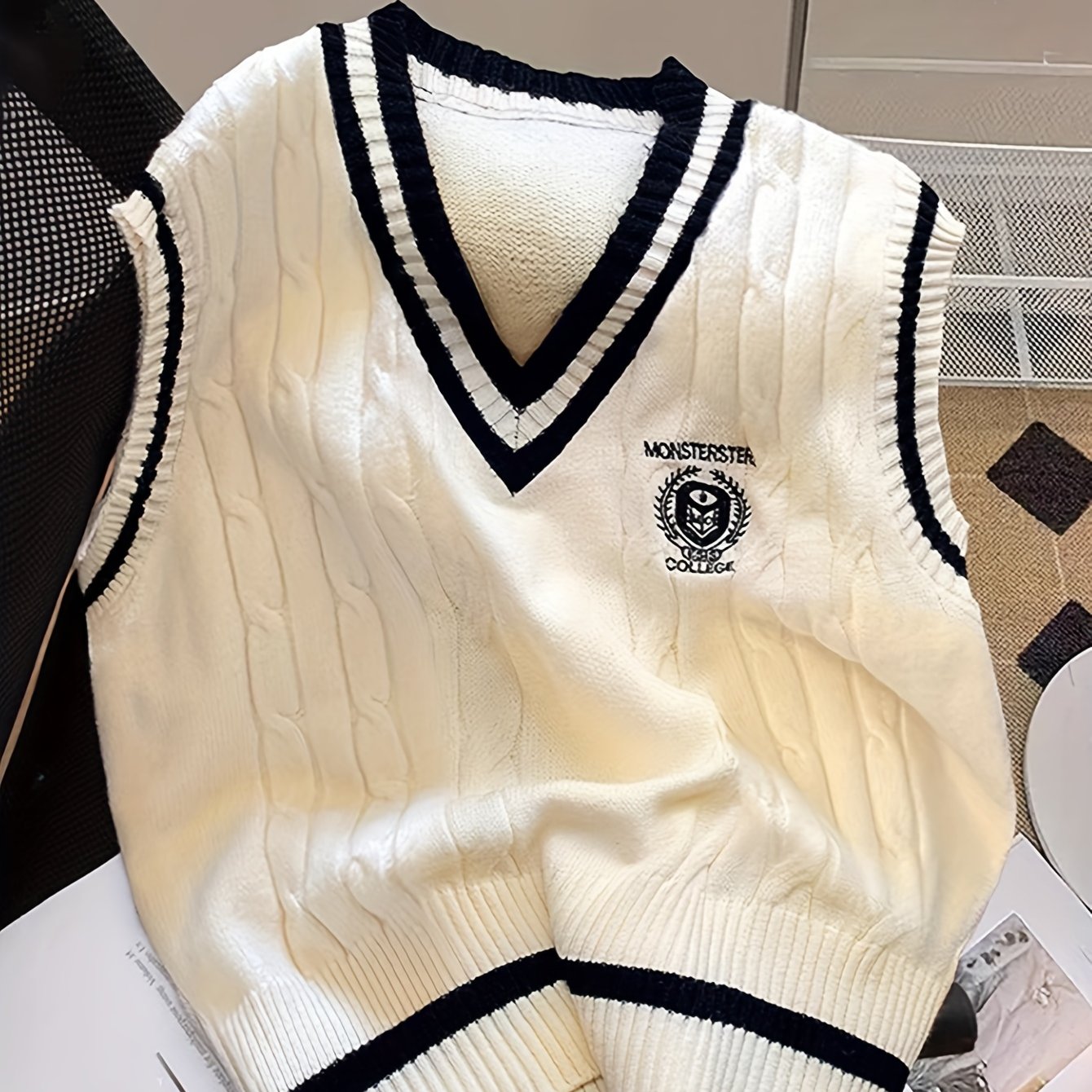 TEMU Elegant V-neck Cable Knit Sweater Vest With Badge Detail - Polyester/acrylic Blend, Non-transparent, Contrast Pattern, All