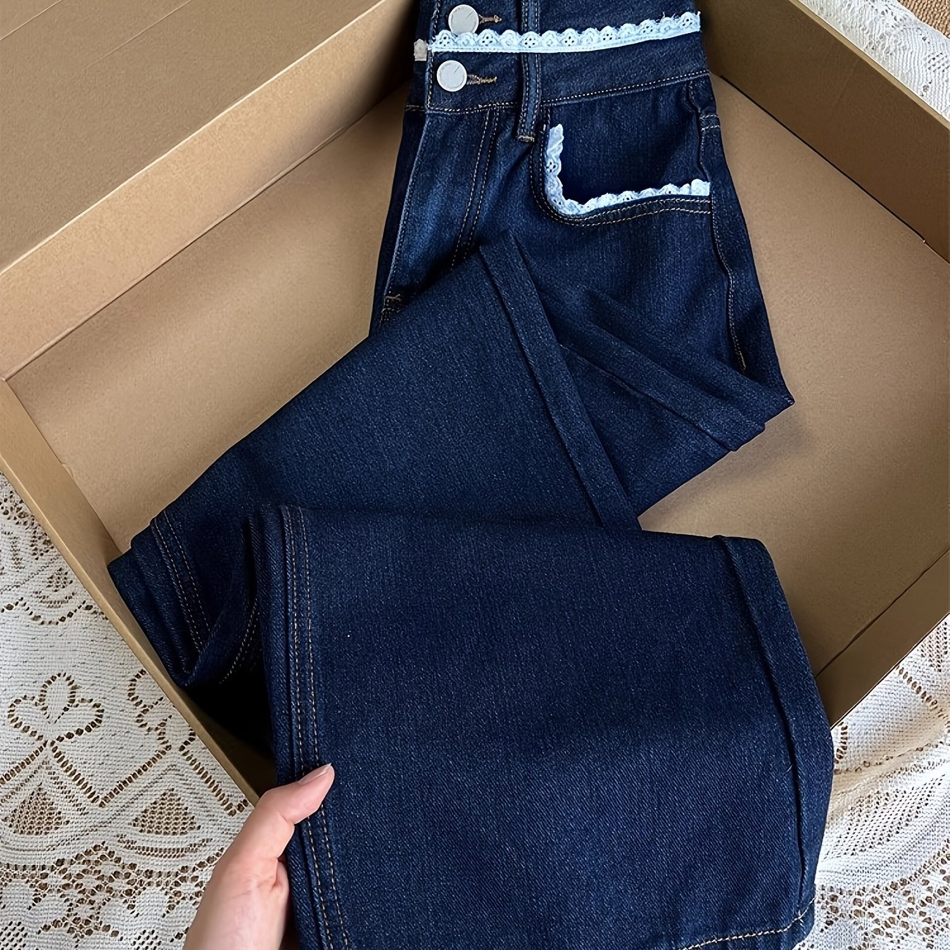 TEMU 【商品名】ハイウエスト ストレートレッグパンツ、深いブルーのレースアップデザイン。韓国風レイジースタイル。秋にのルーズフィット、太ももの折り畳み効果が女性に人気。