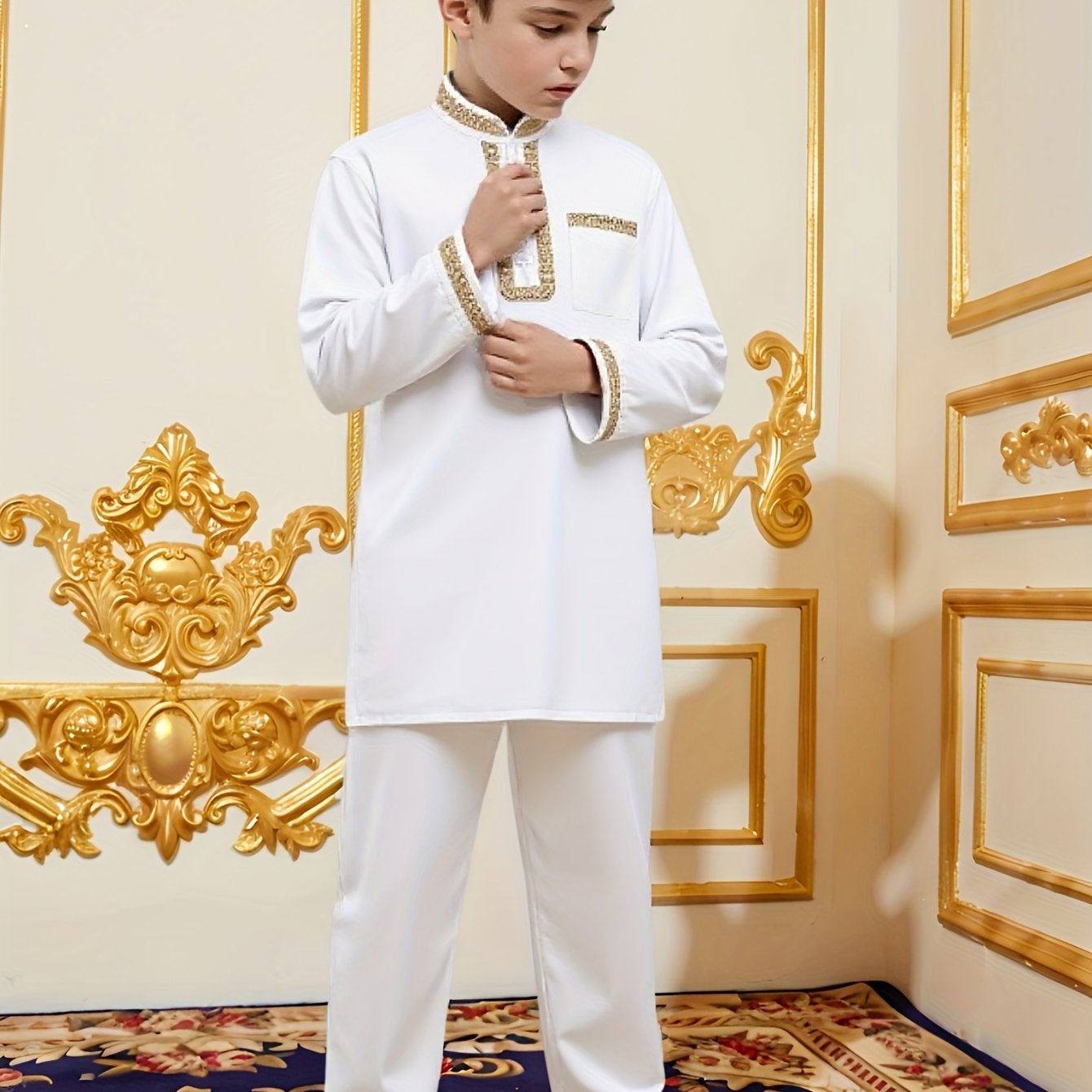 E-shop Jungen traditioneller arabischer Gebetskafte aus dem Nahen , weißer Langarmmantel mit , lockerer Schnitt, geeignet für Frühling und Herbst,