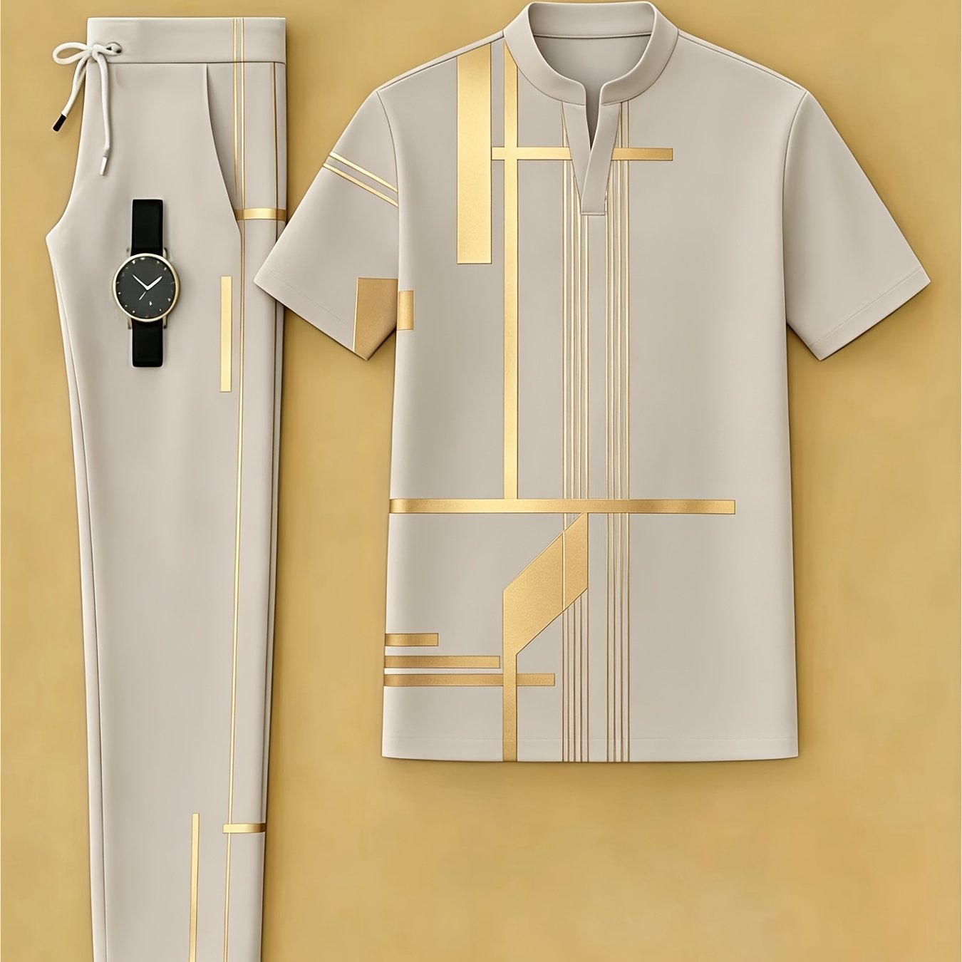 TEMU Conjunto de dos piezas para hombre con cuello , estampado geométrico delgado, traje , pantalón con cordón ajustable, conjunto elegante para