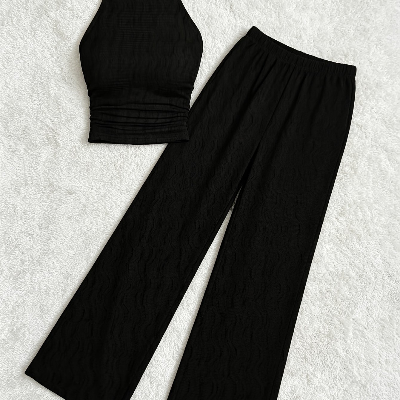 TEMU Women's Casual Versatile Style Set, Black Textured Halter Sleeveless Vest And High-waist Wide-leg Long Pants 2pcs Outfit, Suitable For Spring