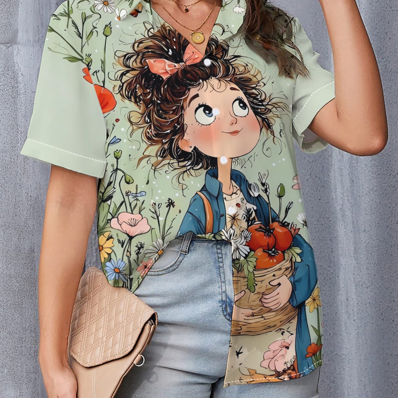 TEMU Women's New Summer Cartoon Floral Print Short-sleeve Shirt, Stylish And Casual, Made Of Regular