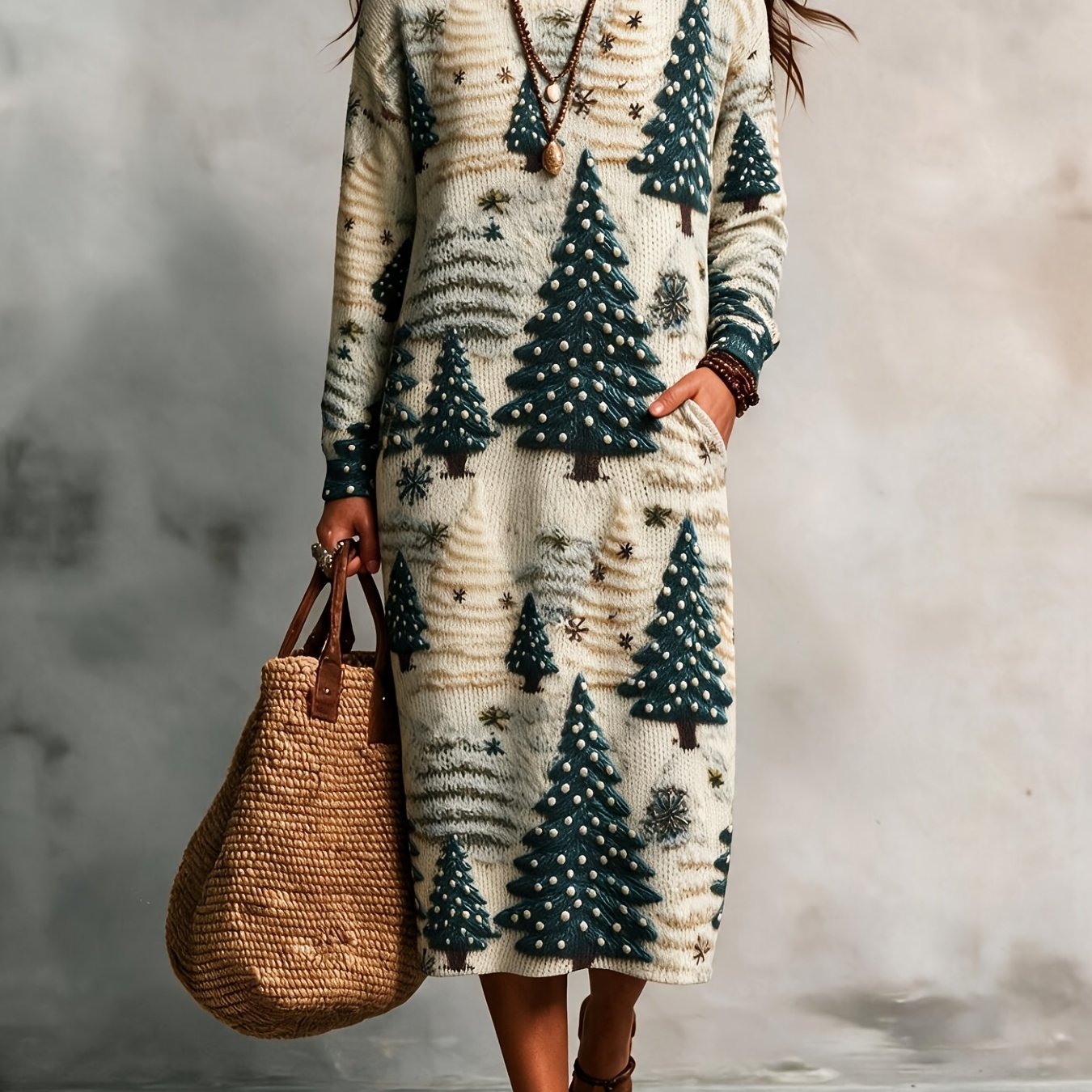 TEMU 2d Flat Pattern Autumn/ New Style Pullover Round Neck Long Sleeve Women's Fabric Dress With Flat , Trendy Women's Clothing, Women's Skirt, 2d