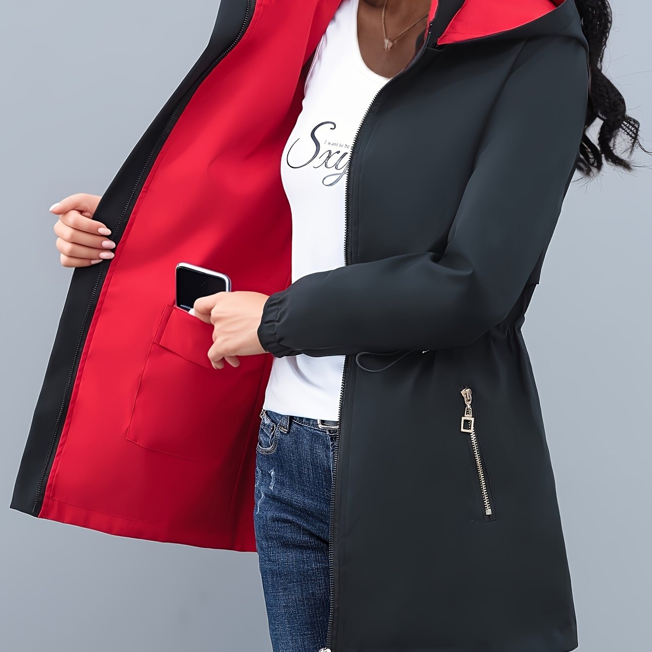 TEMU Women's Reversible Hooded Jacket In Black And Red Contrast Colors, Mid-length Trench For Spring And Autumn, Lightweight Windproof Outerwear With