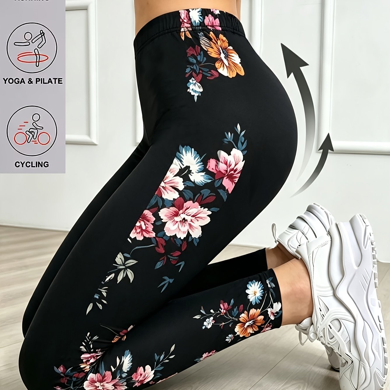 TEMU Elastic Waist Side Floral Print Women Cropped Sports Yoga Leggings High Stretch Breathable Comfortable Wrapping Hips Legs Lines Yoga Sports