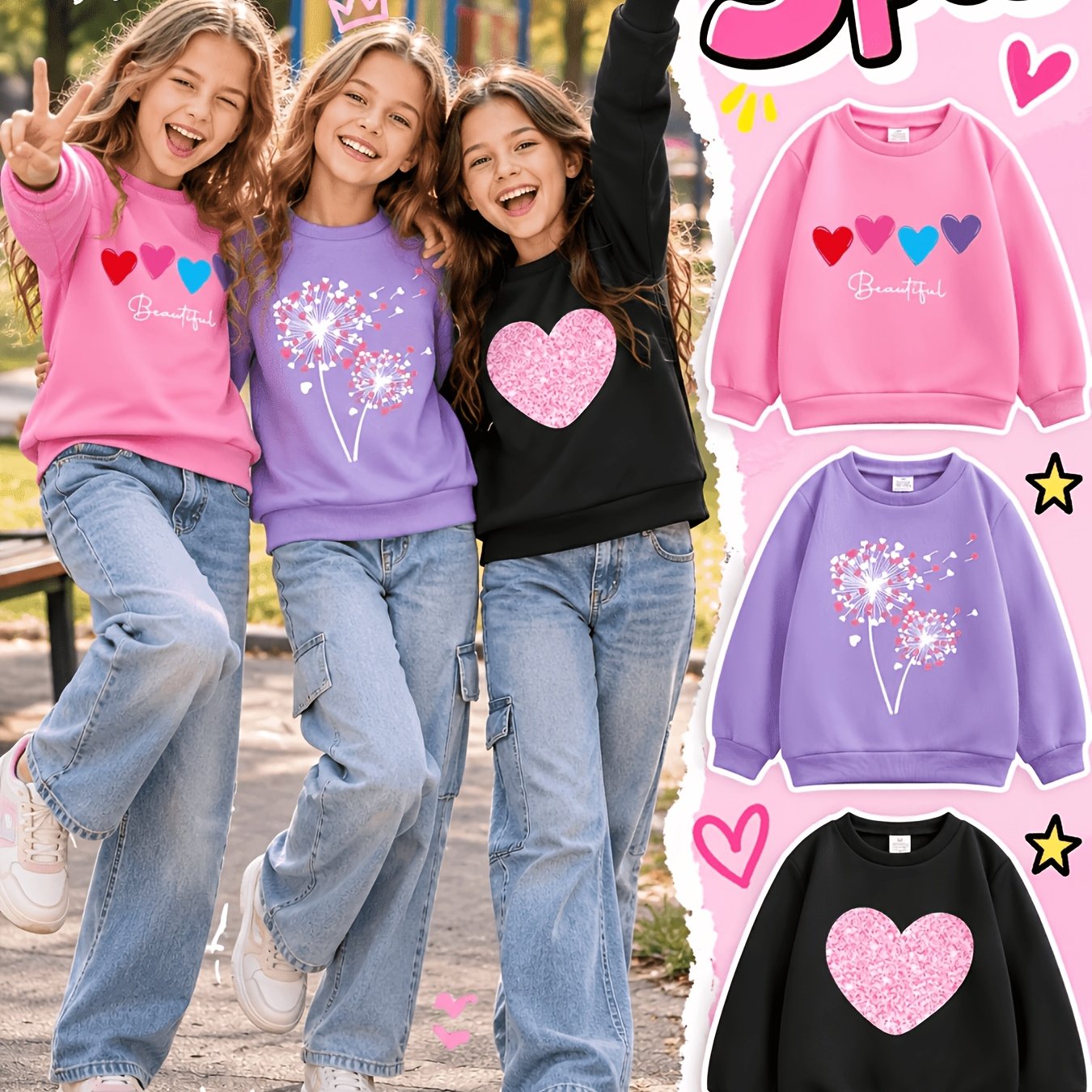Image of Girls' 3pcs Set Heart And Dandelion Pattern Print Long Sleeve Crew Neck Sweatshirt, Autumn Winter Casual Tops