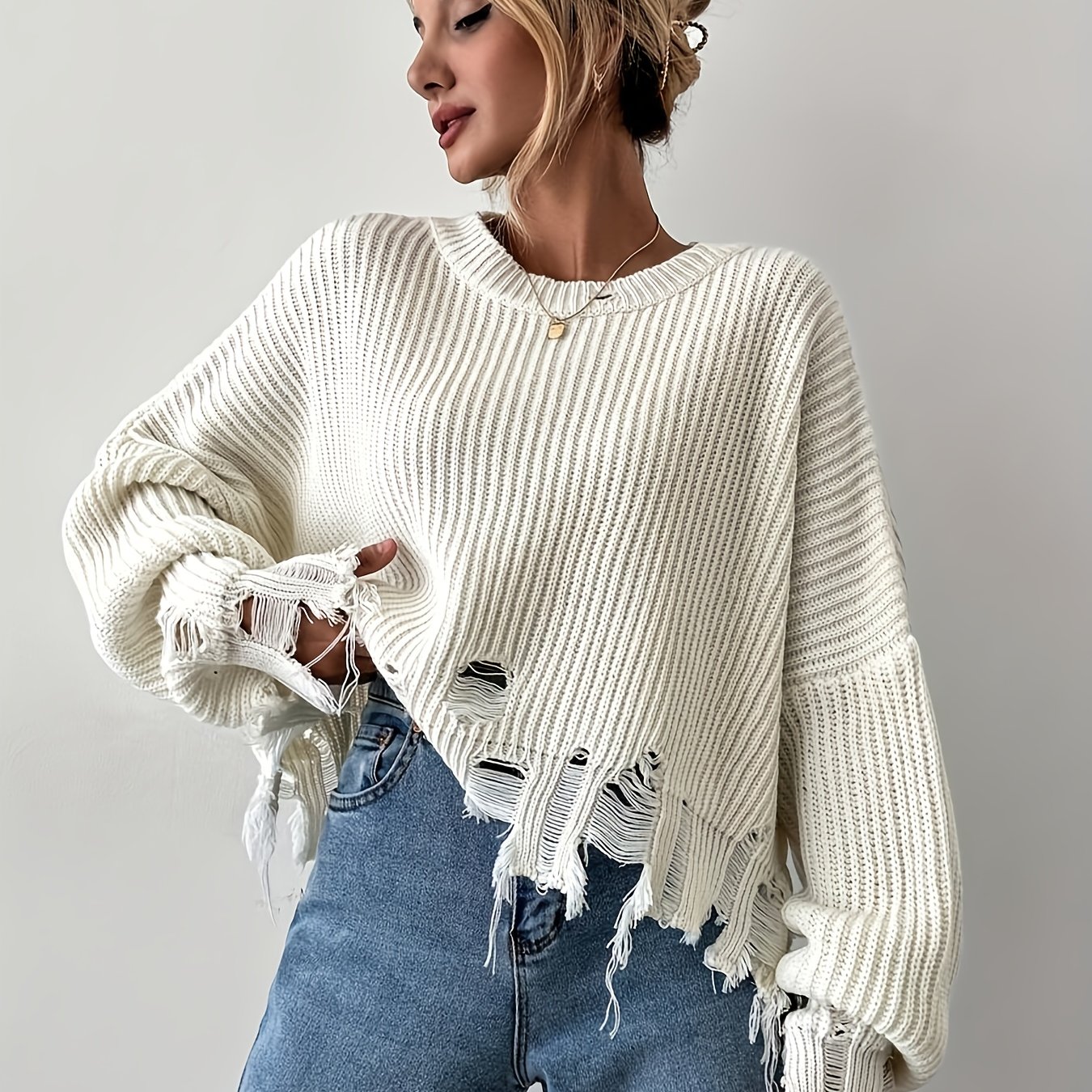 E-shop Neues Design Elegantes Vintage-Rundhals-Sweater für Damen, Vielseitiger Distressed-Saum, Lockerer Stoff, Bequemer Lazy-Sweater, Kurze