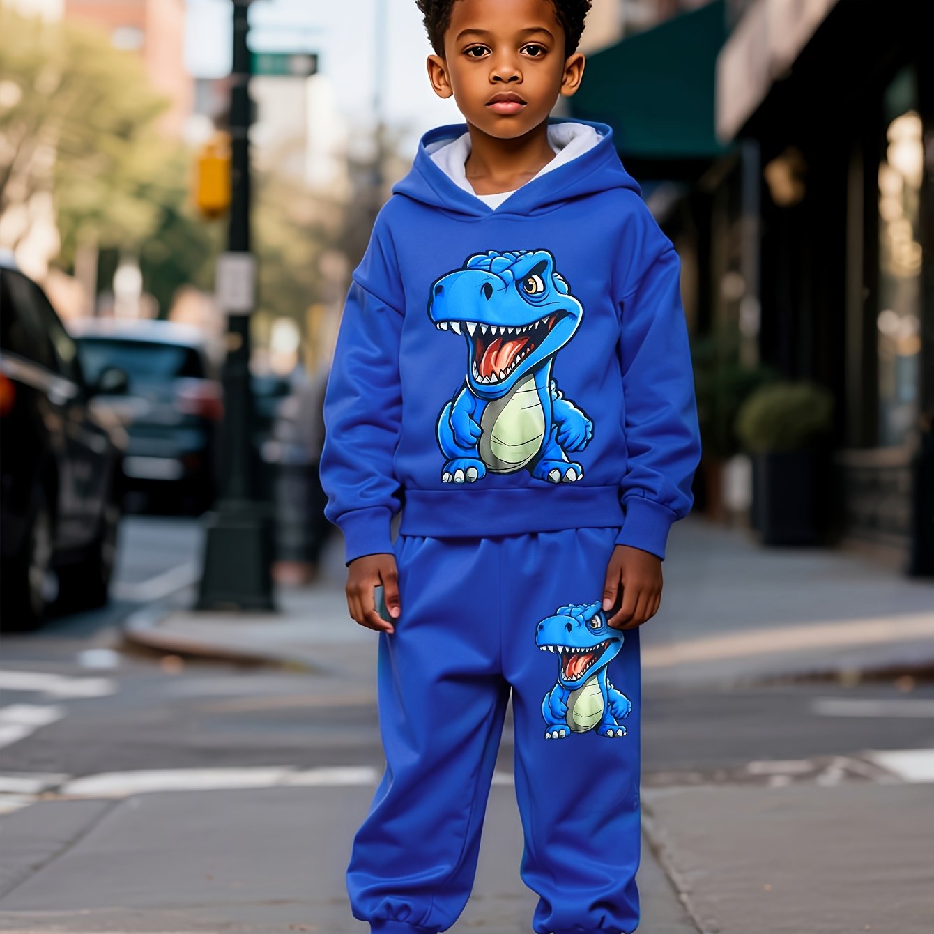 Image of Boys' New Dinosaur Print Hooded Long Sleeve Top + Cartoon Dinosaur Animal Long Pants Casual Pants 2pcs Set For Spring And Autumn, Back To School Essentials