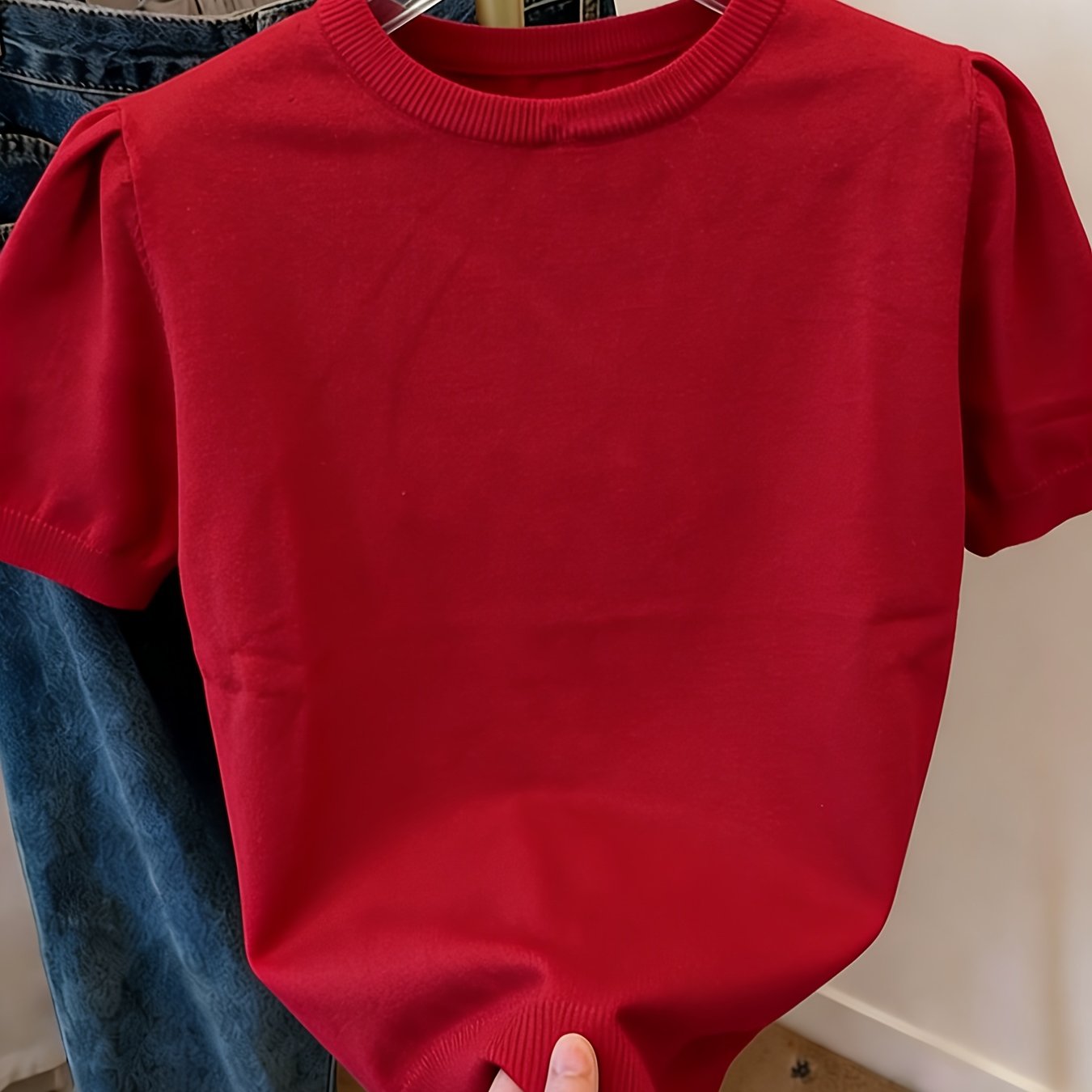 E-shop 2026 Frühling/Sommer Neues Damen Rotes Bubble Ärmel Kurzarm T-Shirt Rundhalsausschnitt Vielseitiges Oberteil