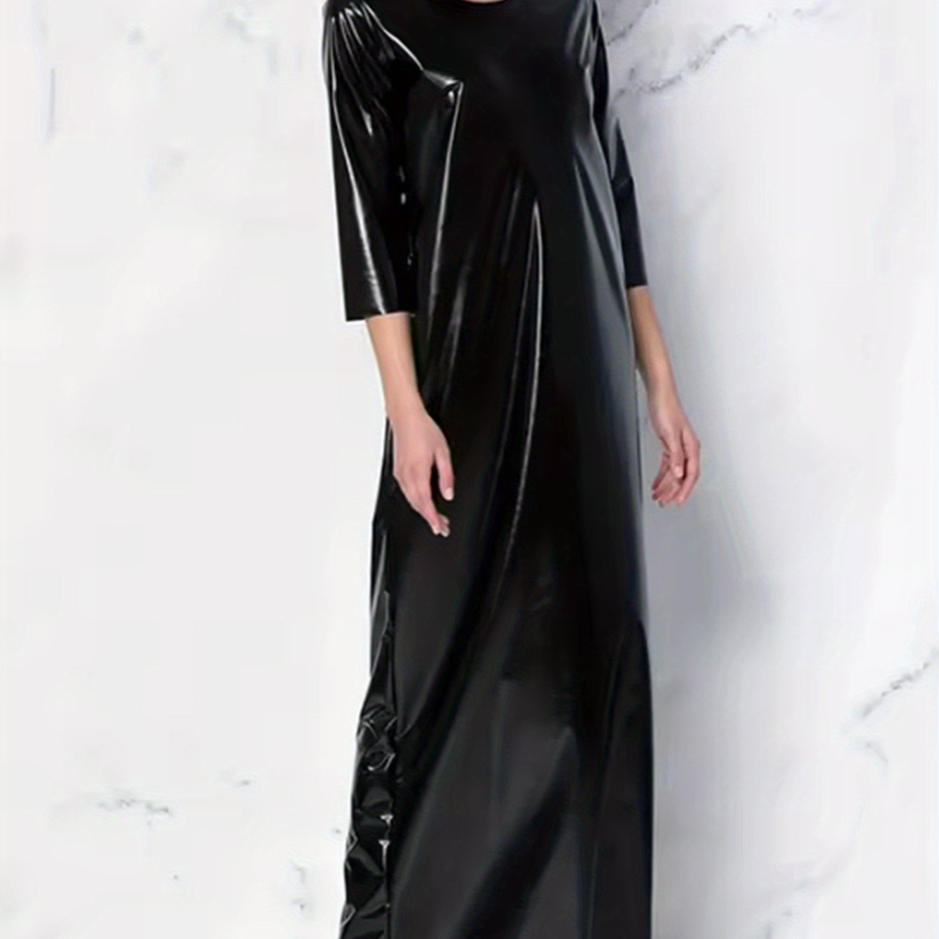 Image of Plus Size, Women's Medium Sleeve Loose Robe 3xl, Glossy Pu Casual Round Neck Long Dress 5xl, Elegant Dress 6xl With Back Slit