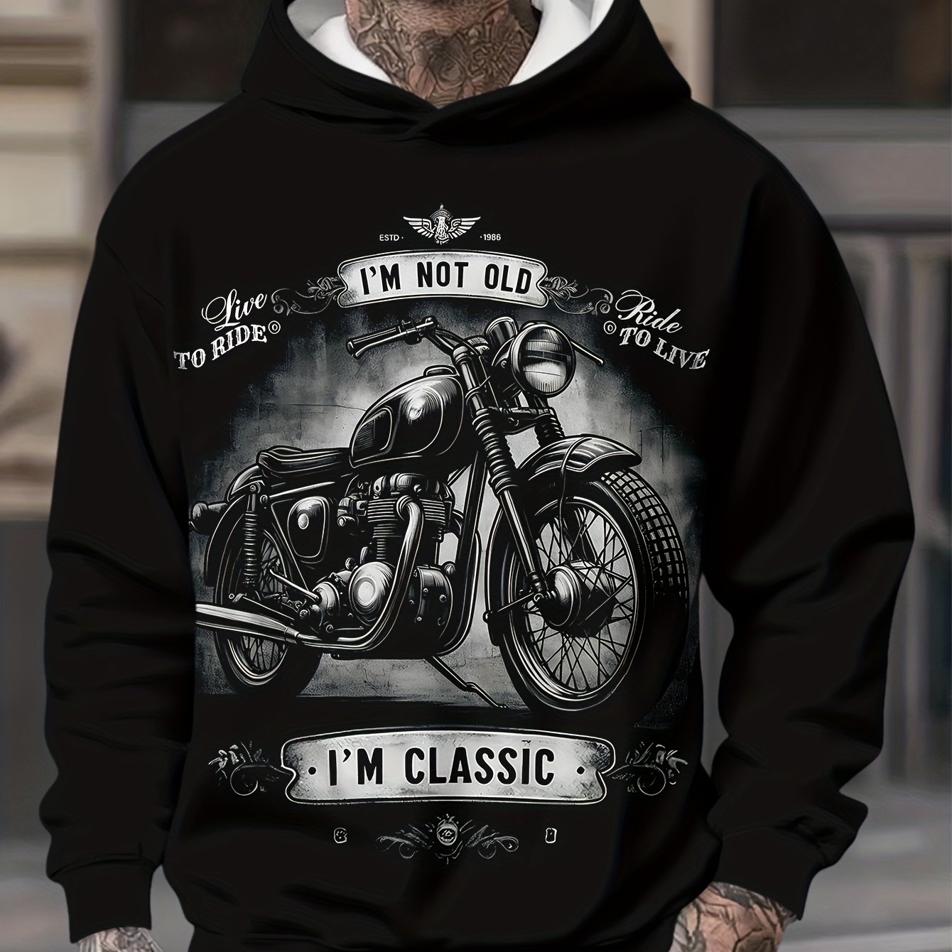 TEMU 남성용 그래픽 후드티 - 빈티지 바이크 & 