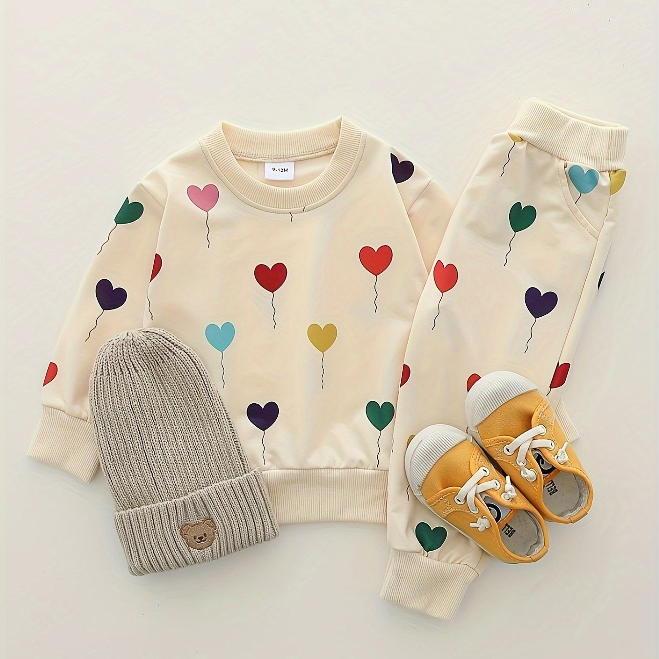 Image of And Toddler Spring And Autumn New Love Heart Balloon Pattern Round Neck Long Sleeve Long Pants Set, For Outdoor