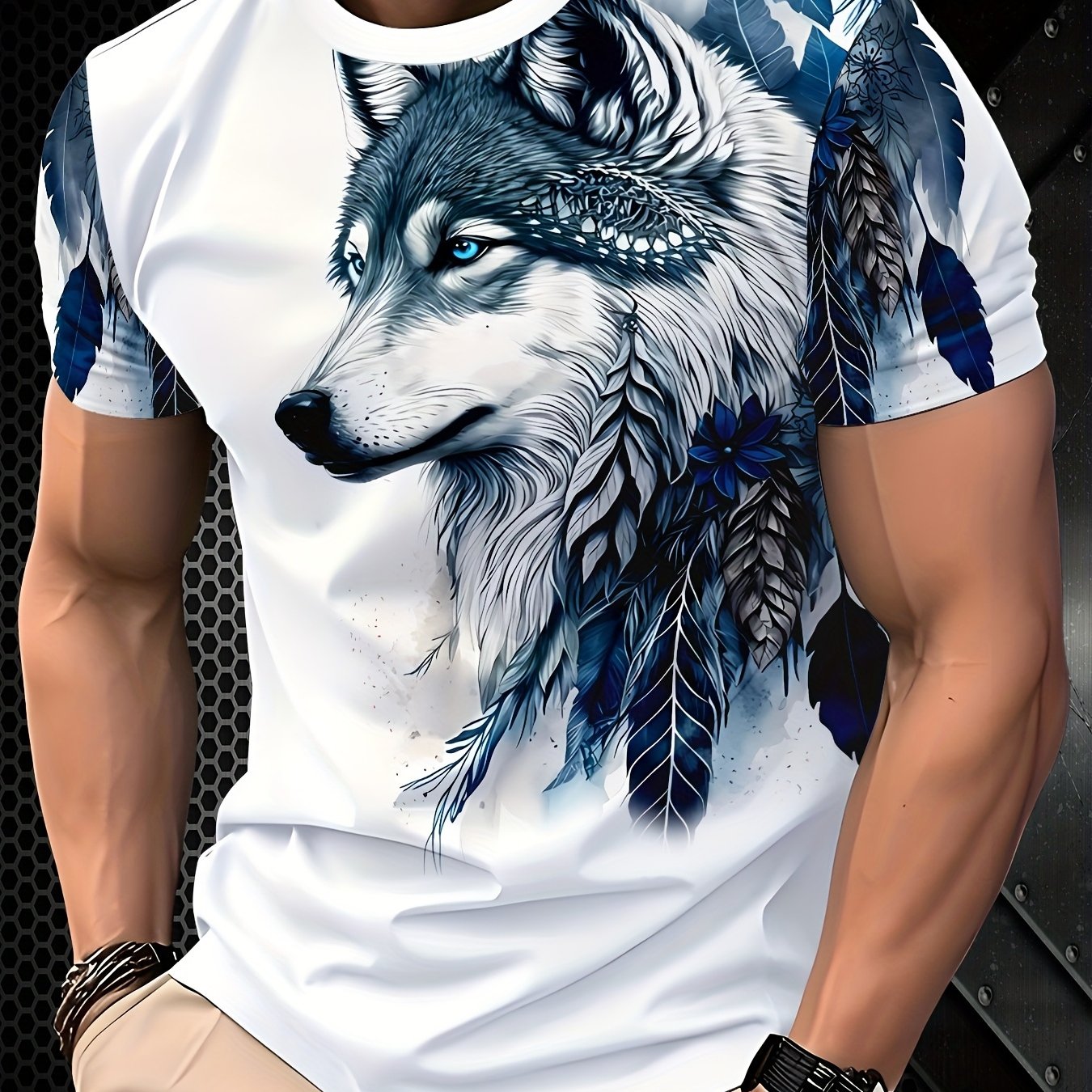 TEMU Men's Lightweight Summer Wolf Print Short-sleeve Shirt With Feather Pattern, Regular Neck Top, Suitable For Outdoors, Office, Vacation - Machine