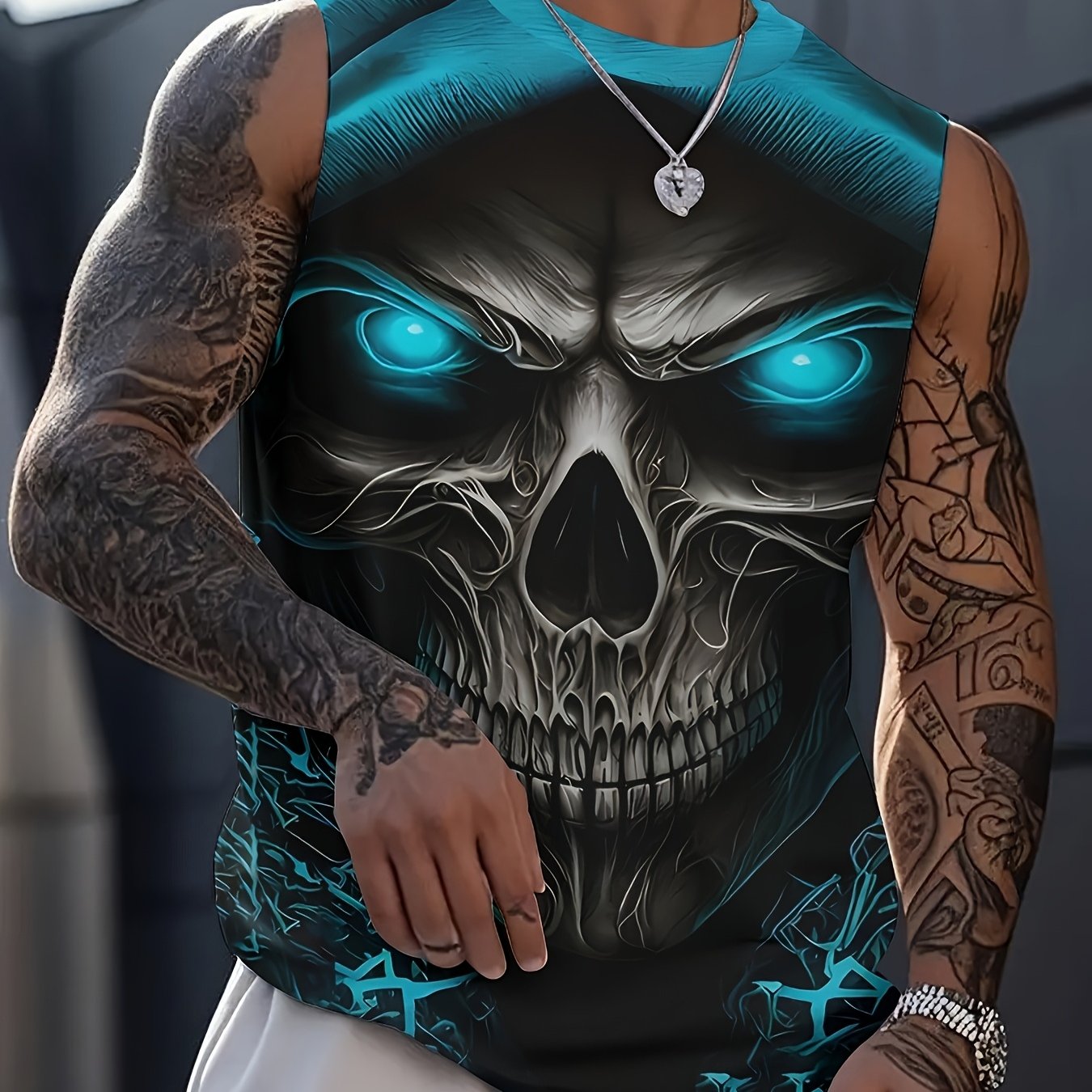 Men&#39;S 3D Skull Print Tank Top - Bold Blue Eyes &amp; Menacing Design, Lightweight Polyester, Oversized Short Sleeve Crew Neck with Wide Straps, Perfect for Halloween &amp; Gothic Fashion Enthusiasts, Summer Sportswear | Edgy Skull Graphic | Glossy Finish, Skull Shaped Tank To