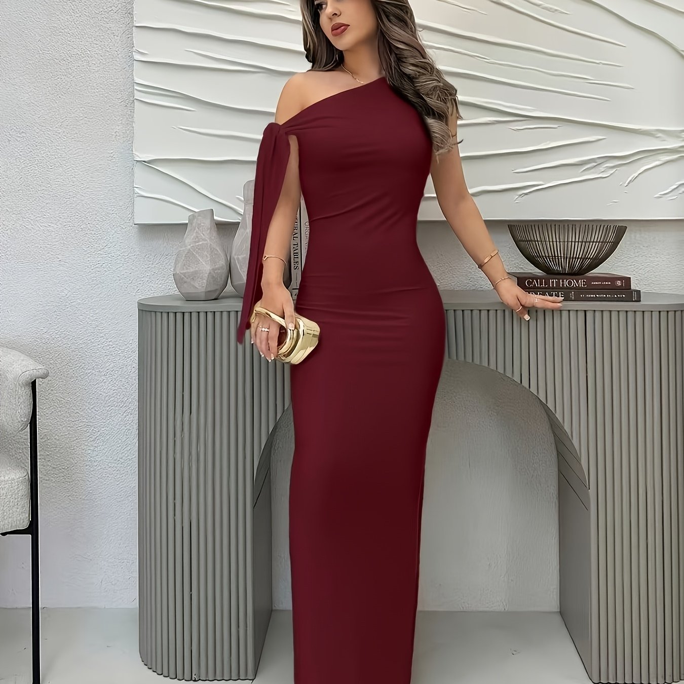 TEMU Vestido de graduación elegante para mujer, plisado, con solapa y asimétrico en los hombros
