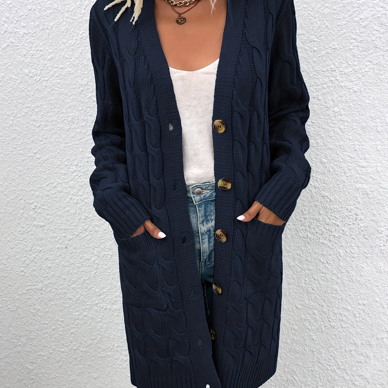 Solid Cable Long Single-button Cardigan, Fall/winter Pocket Sweater Women's Outerwear