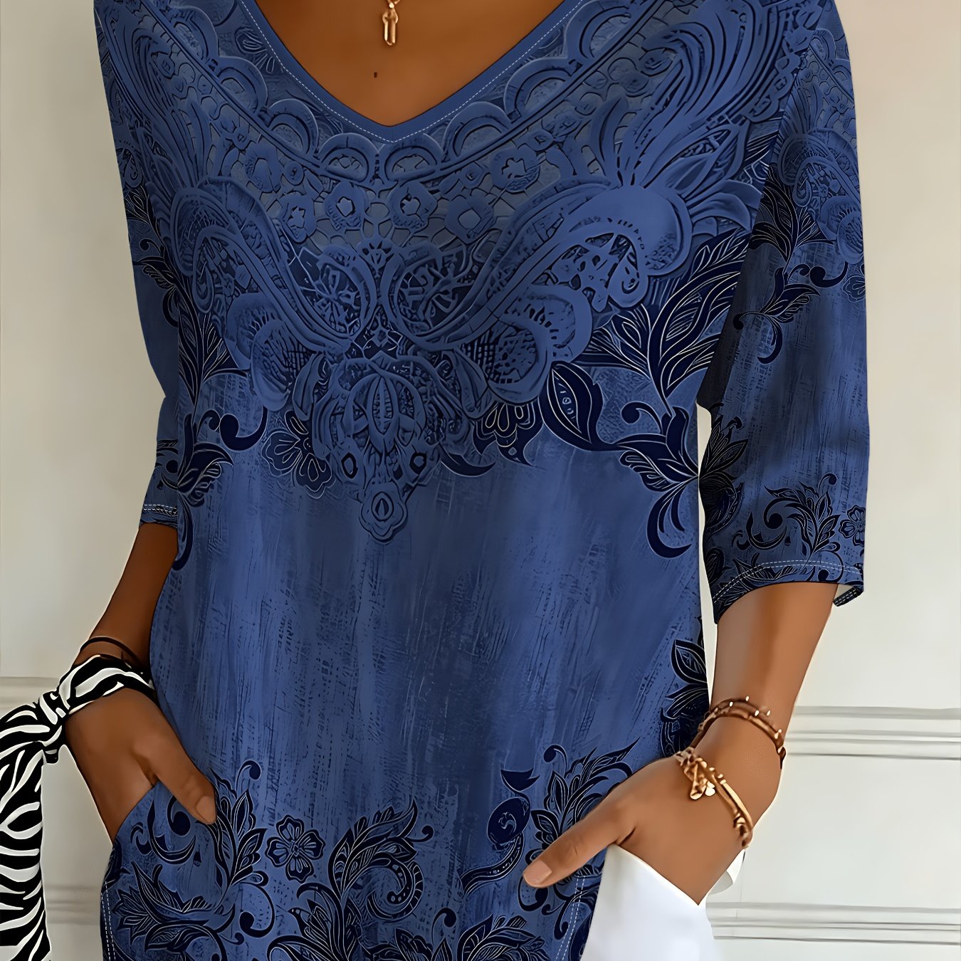 TEMU Haut ample bleu foncé à col en V, T-shirt décontracté à manches trois- pour femmes