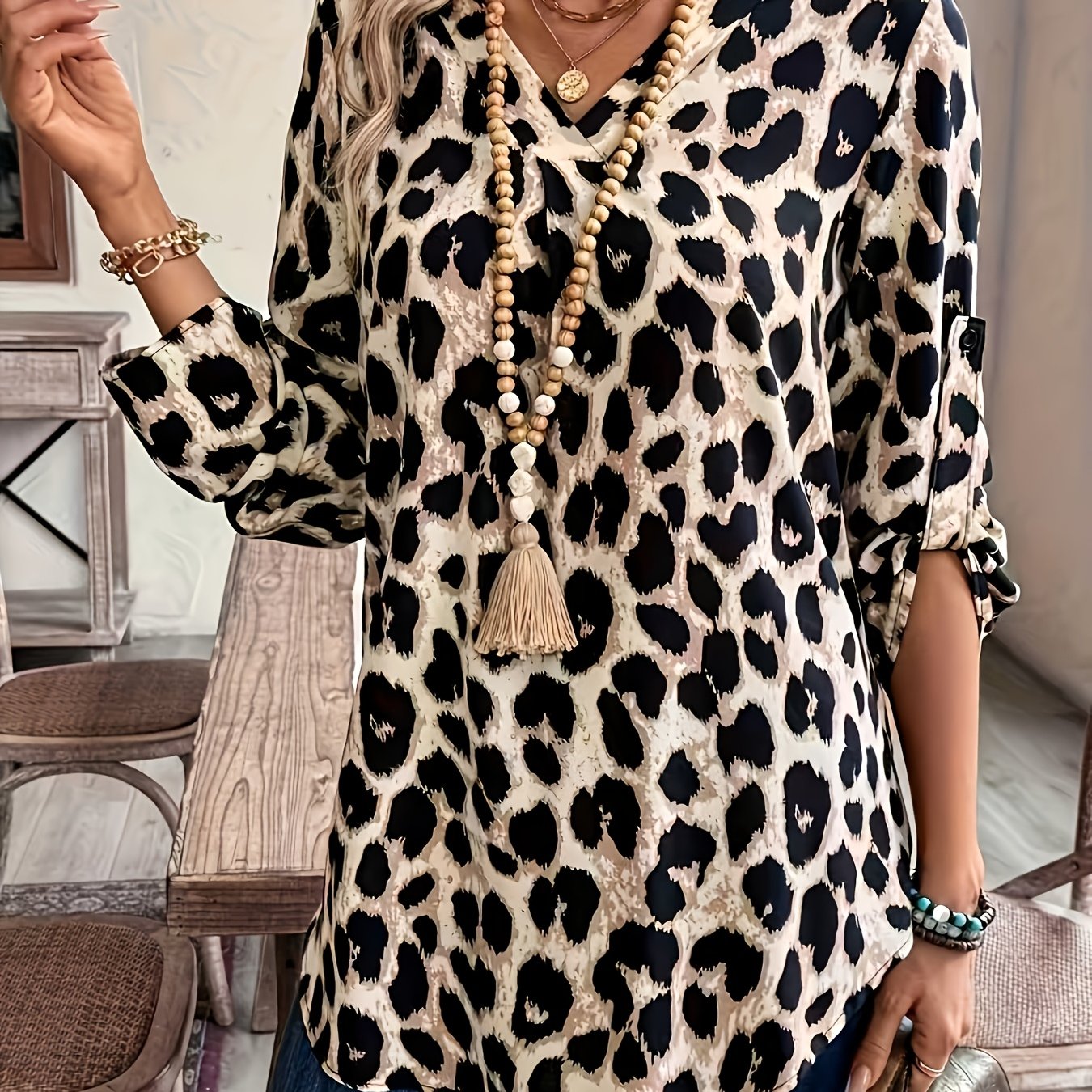 E-shop Damenmode Leopardenmuster V-Ausschnitt Langarm Bluse Top