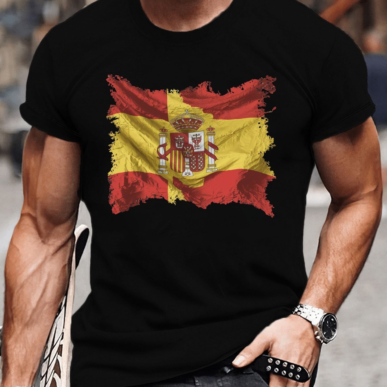 TEMU Camiseta Casual de Corta para Hombre con Diseño Artístico de Española - Poliéster Transpirable, Lavable a Máquina - para