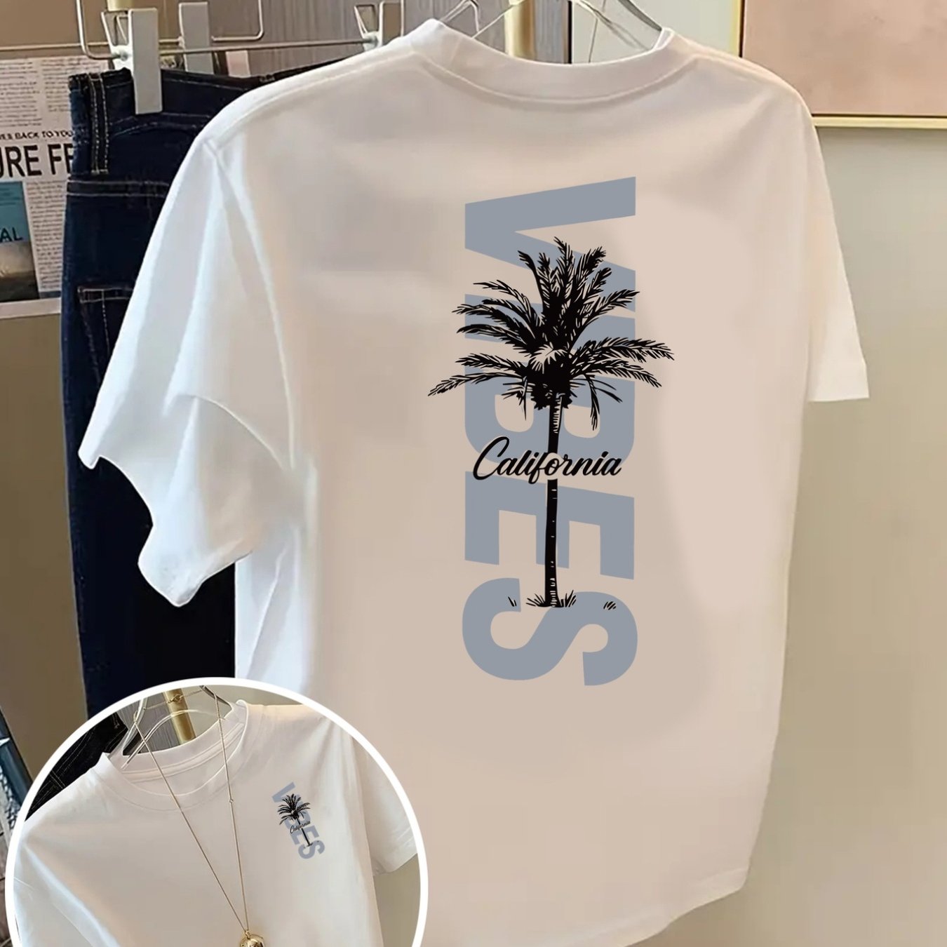 TEMU Front And Back Shortsleeve Tshirt California, Palm Tree Fashion Print Women's Spring And Summer Trendy Print Tshirt, Fashionable And Trendy Item