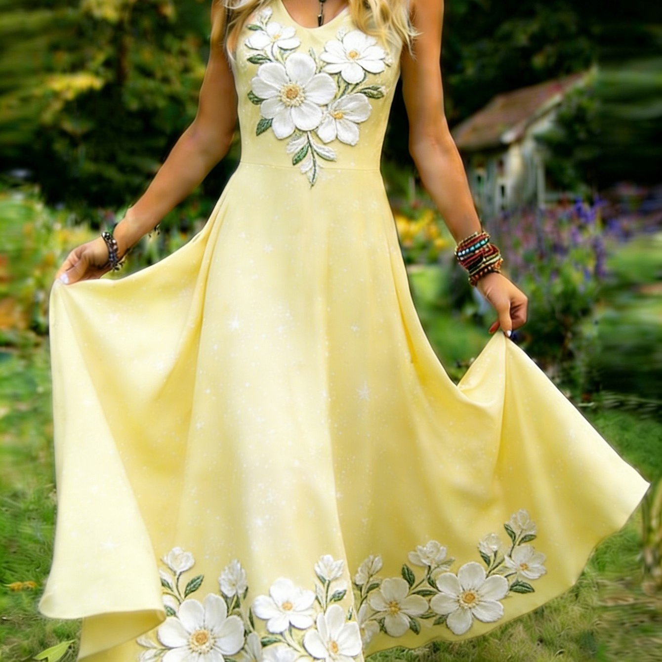 Image of Item Picture 2d Flat Print Women S Retro Elegant Sleeveless Dress, V-neck Floral Print A-line Flowing Maxi Skirt, Machine Washable, Suitable For Casual Attire And Vacations., 2d Fla (1), 2d Flat