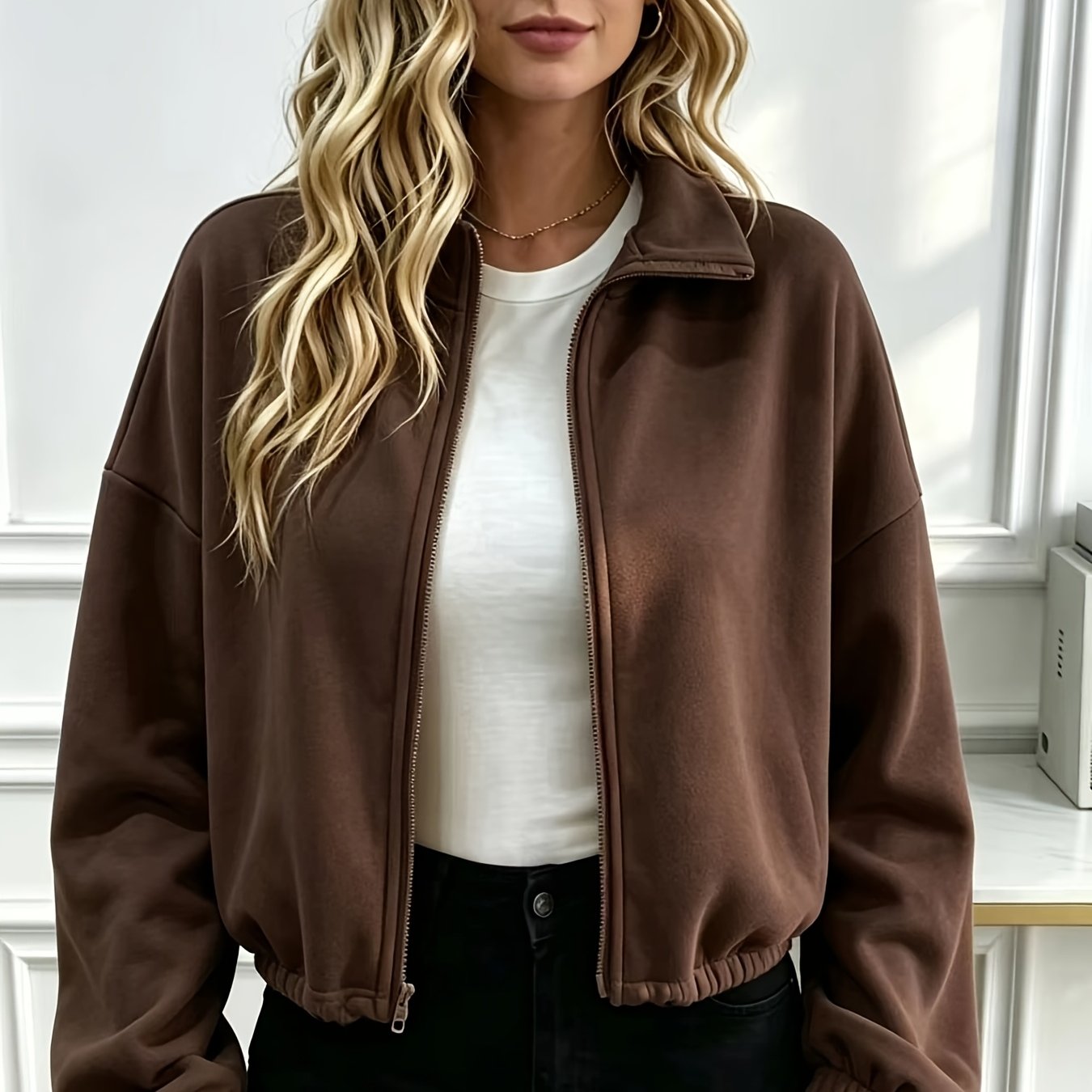 TEMU Korean Style Lapel Short Zip-up Cardigan Sweatshirt Women's Loose Off-shoulder Drawstring Casual Jacket