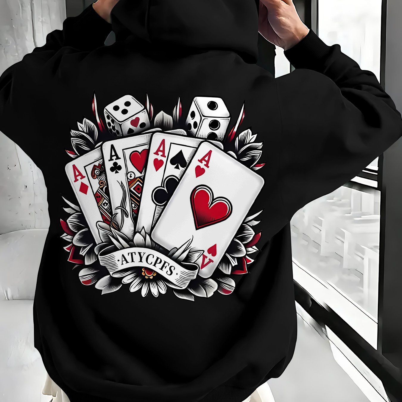 TEMU Men's Hooded Sweatshirt, Casual And Versatile, Featuring A Stylish And Trendy Playing Card And Dice Pattern. Suitable For Outdoor Wear And