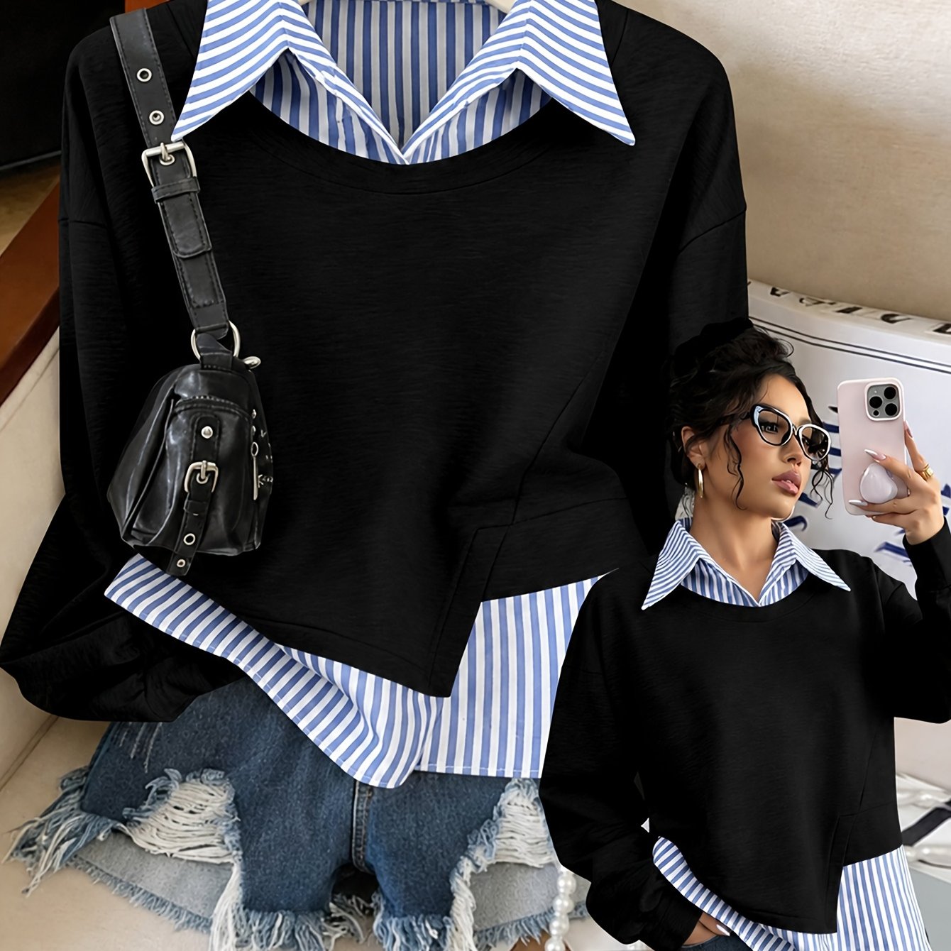 TEMU Pull décontracté à rayures et patchwork, tendance et polyvalent, idéal pour en automne et les occasions festives