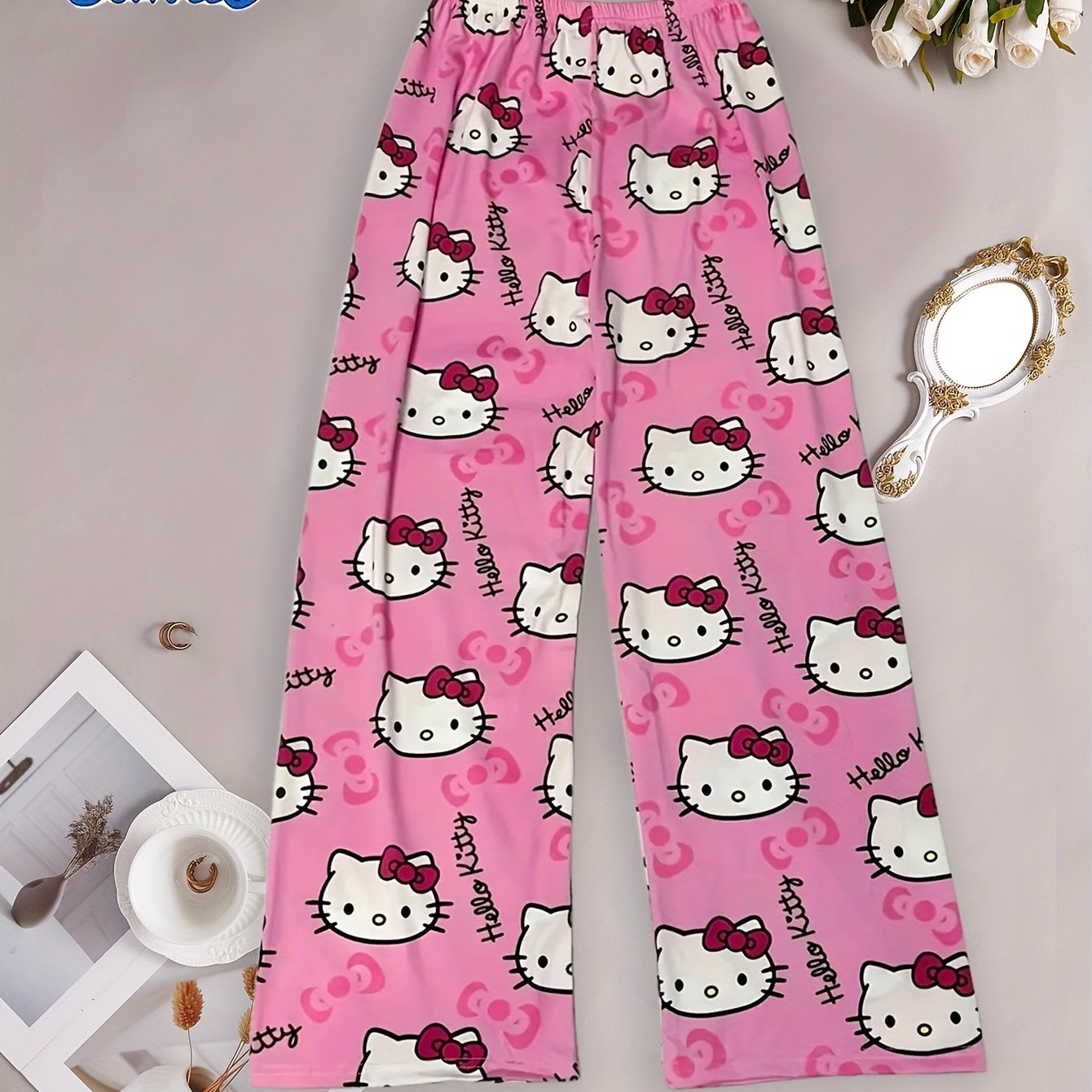 Image of [] Hello Kitty Printed Pants, Elastic Waist Long Trousers, Cute Women's Loungewear, And, Machine Washable, Hello Kitty Pants, Loose Fit, Casual, Home Sleepwear