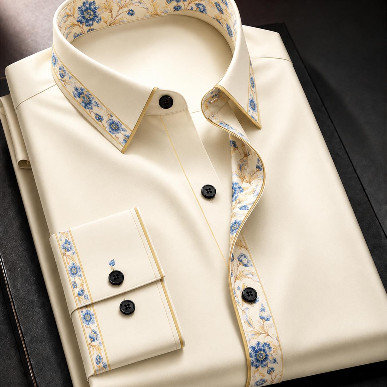 Men's Long Sleeved Shirt Elegant Blue Floral Trim For Office Casual Wear