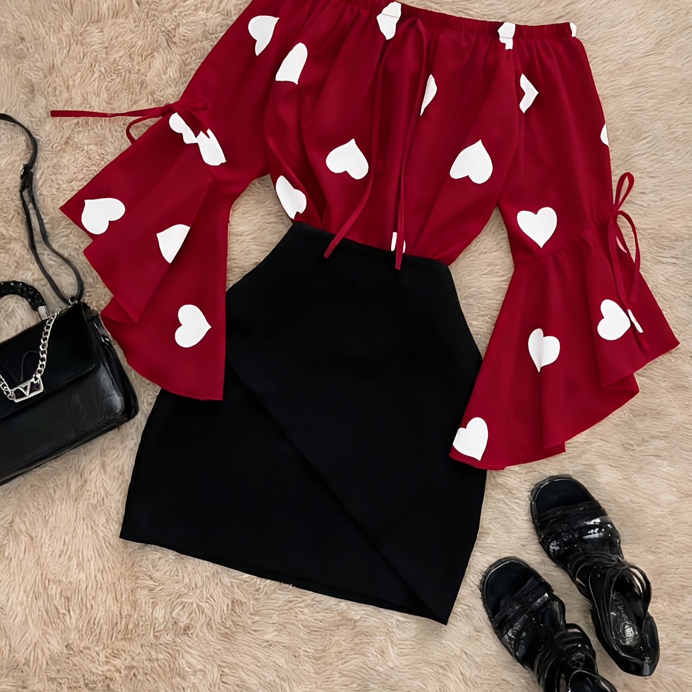 E-shop Damen Off-Shoulder Schlagstoff Hemd mit Schlag & Slim-Fit Kurzrock 2-teiliges Set