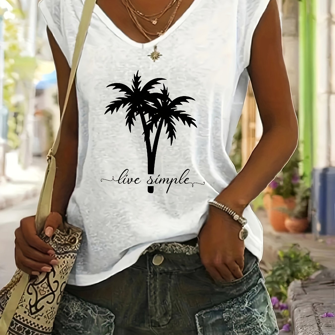 TEMU Loose Fit V-neck Short Sleeve T-shirt, Geometric Palm - Summer Casual Top, Machine Washable