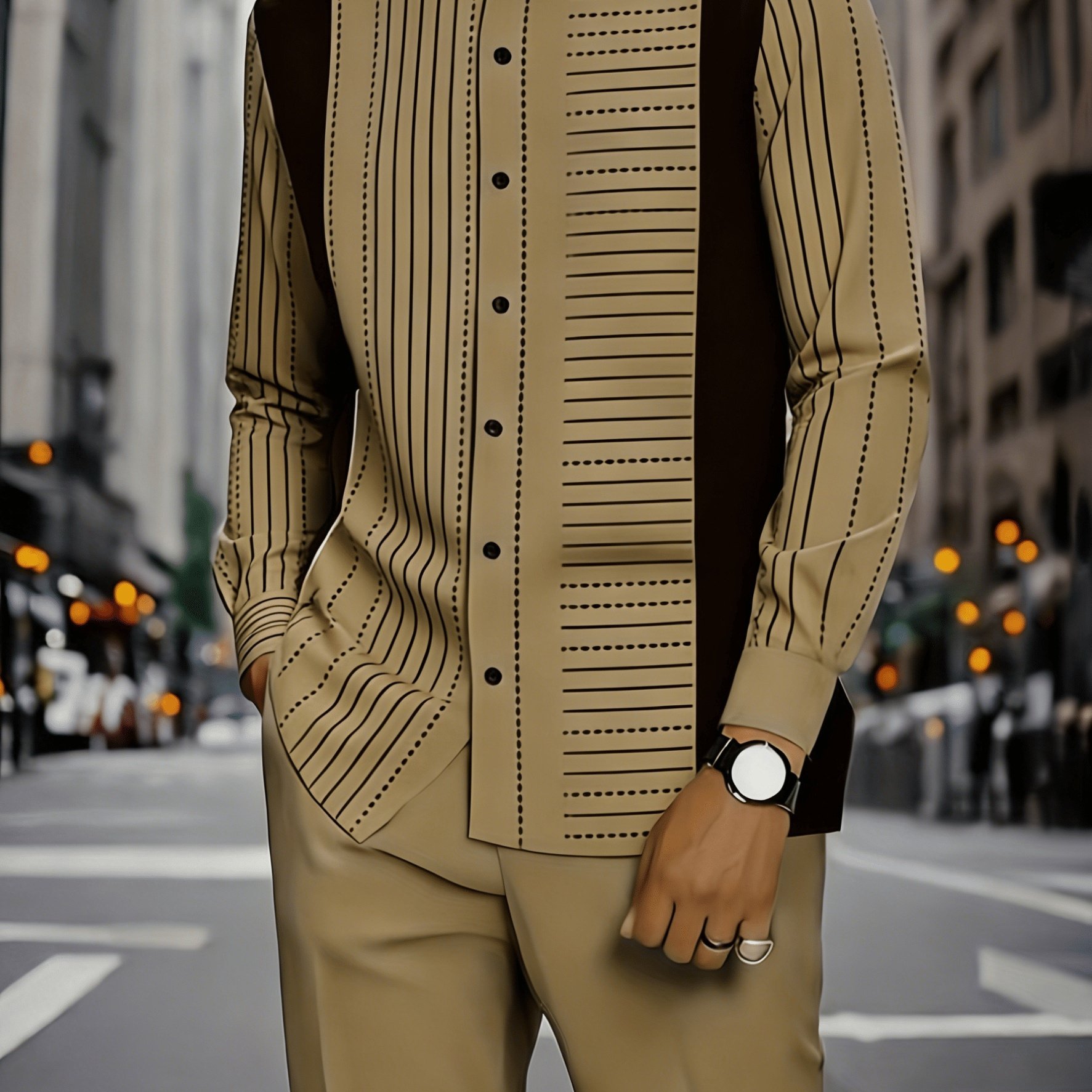 Men's Luxurious Stand Collar Striped Long Sleeve Shirt Two-piece Set- Business Casual/commuting Style, Smooth And Slim-fit- 2026 New Model