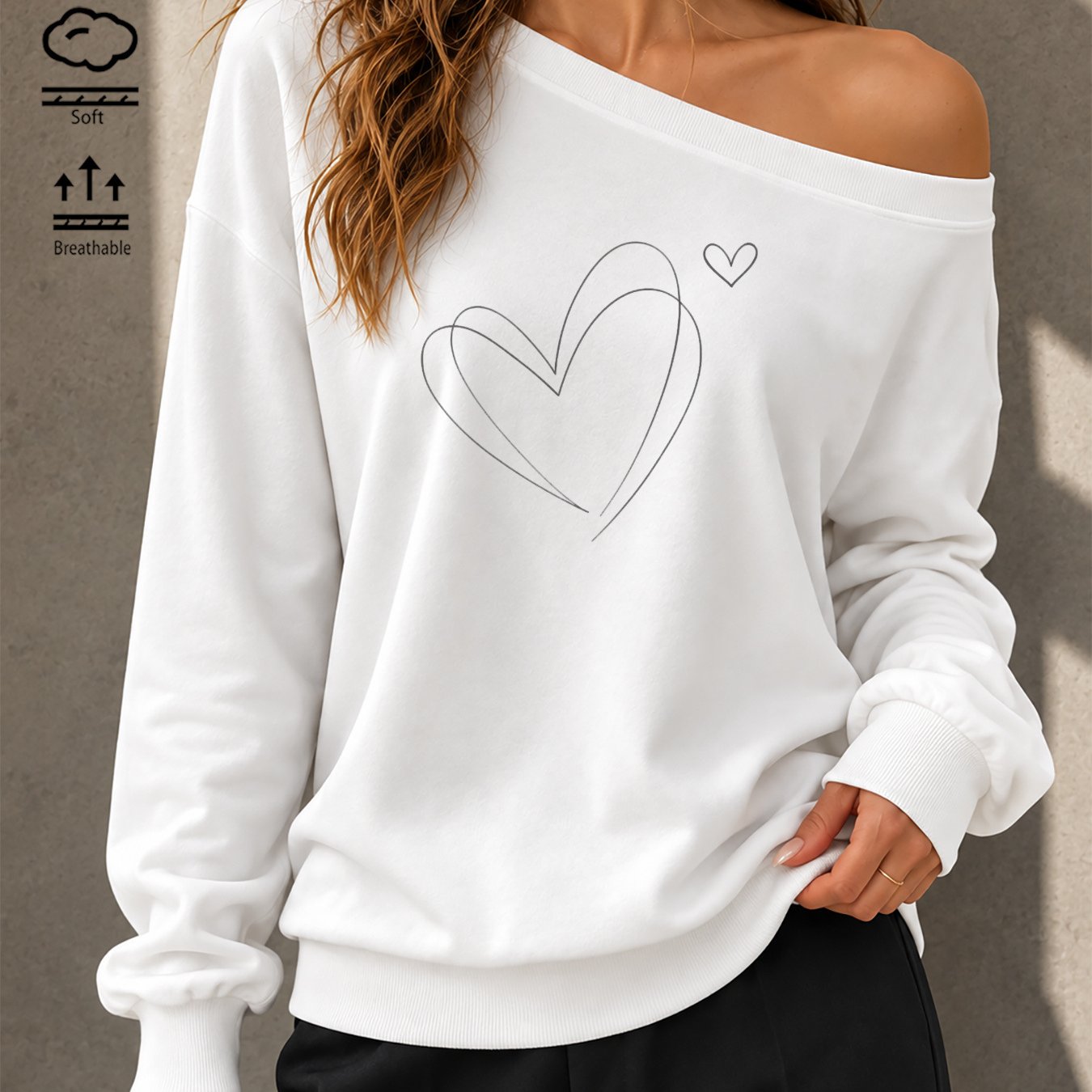 Image of Autumn Women's Asymmetric Off-shoulder Long-sleeve Y2k Heart Print Sweatshirt, Retro Futuristic Casual Loose Pullover Outerwear