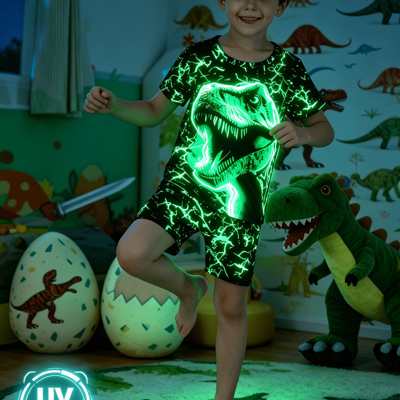 Image of 2pcs Boys' Dinosaur Pajamas & Sleepwear - Flame-resistant Sleepwear Suitable For , 2pcs Pajama Set With Shorts & Matching Shorts, Dinosaur-themed Bedtime Outfit For Boys,halloween