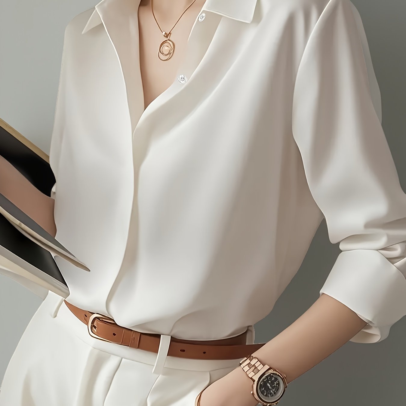 TEMU Elegant Comfortable Women's Long Sleeve Shirt, Essential Top For Office And Professional Occasions, Button-style Non-stretch Women's Blouse
