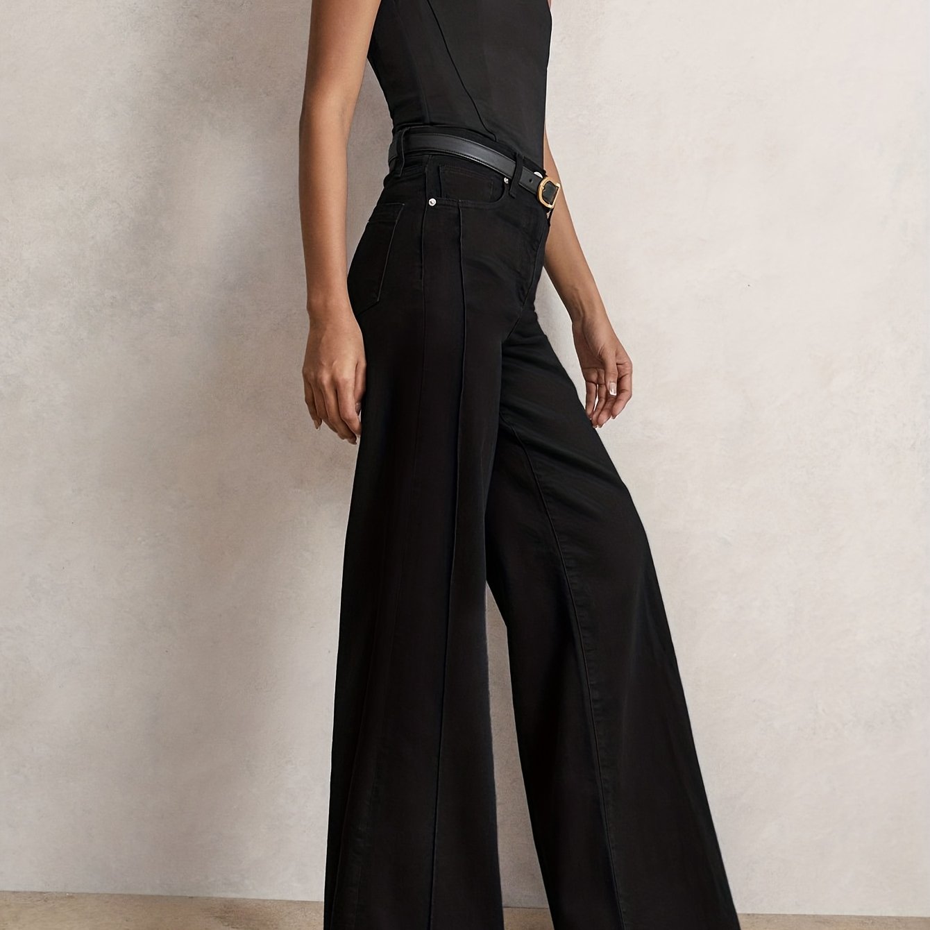 Stretch Denim Mid-rise Black Straight-leg Pants