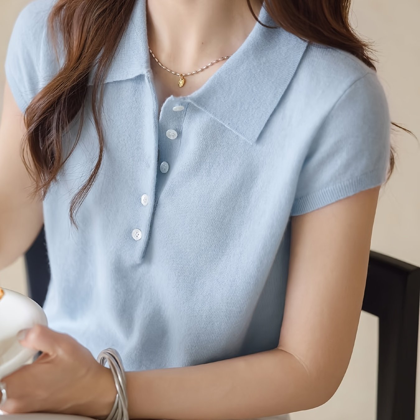 TEMU 여름 신상 폴로 칼라 여성 라운드넥 스웨터, 반팔 라펠 하프 버튼 블라우스, 한국 스타일 통근복 활용도 높은 탑