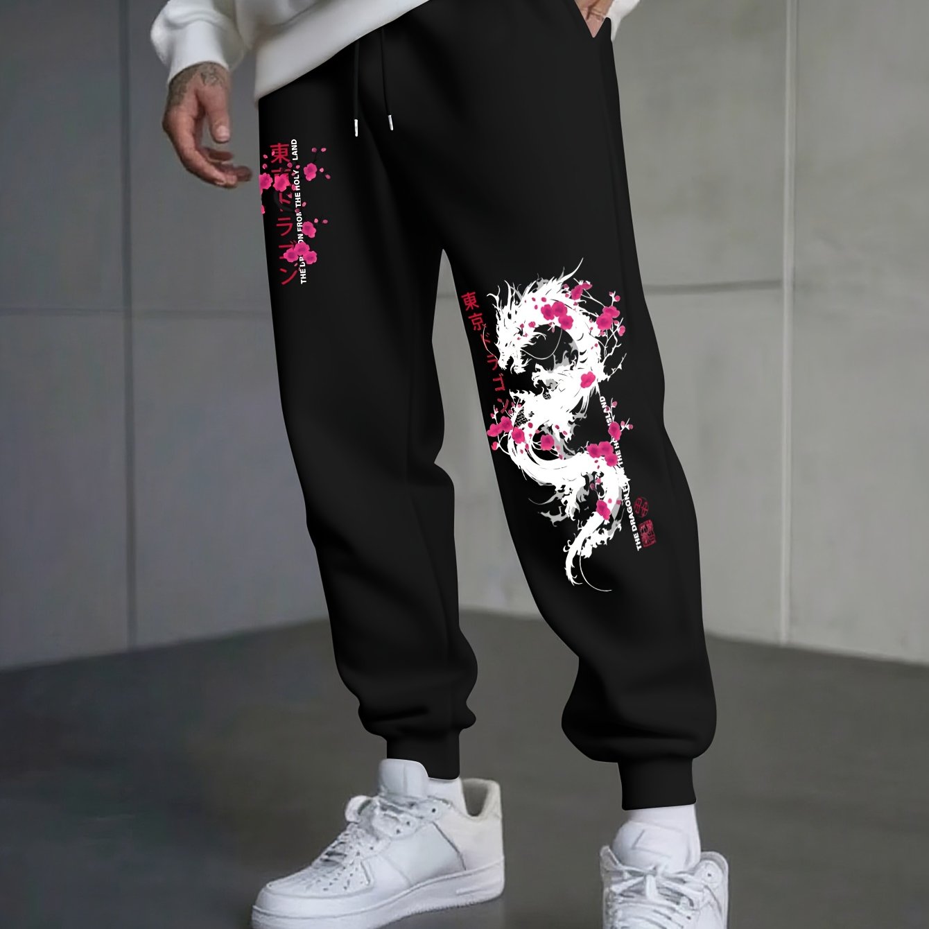 TEMU Japanische Drache Sakura Blumenmuster Herbst Winter Herren Fleece Freizeit Lange Hosen