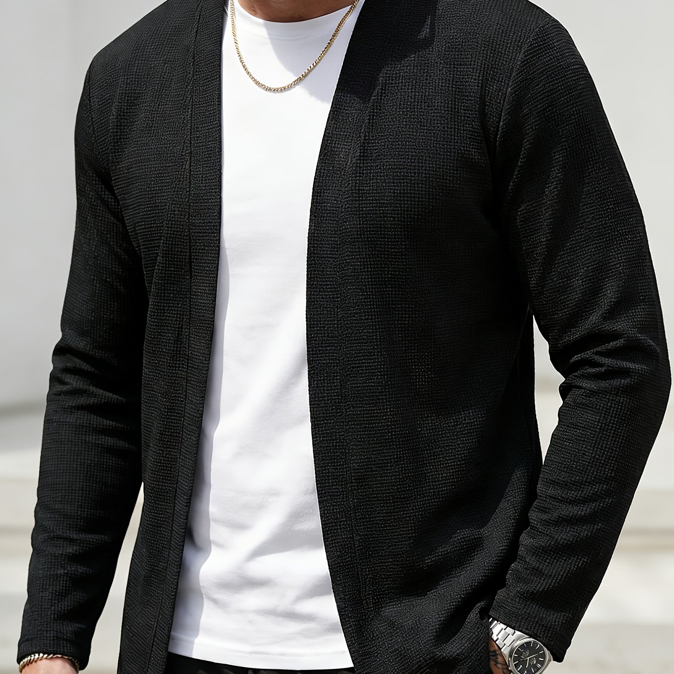 E-shop Herren Open Cardigan Jacke Langarm Frühling Herbst Stil Waffel Gitter Weich Atmungsaktiv Sommer Herrenbekleidung Offene Front Regular Fit Casual