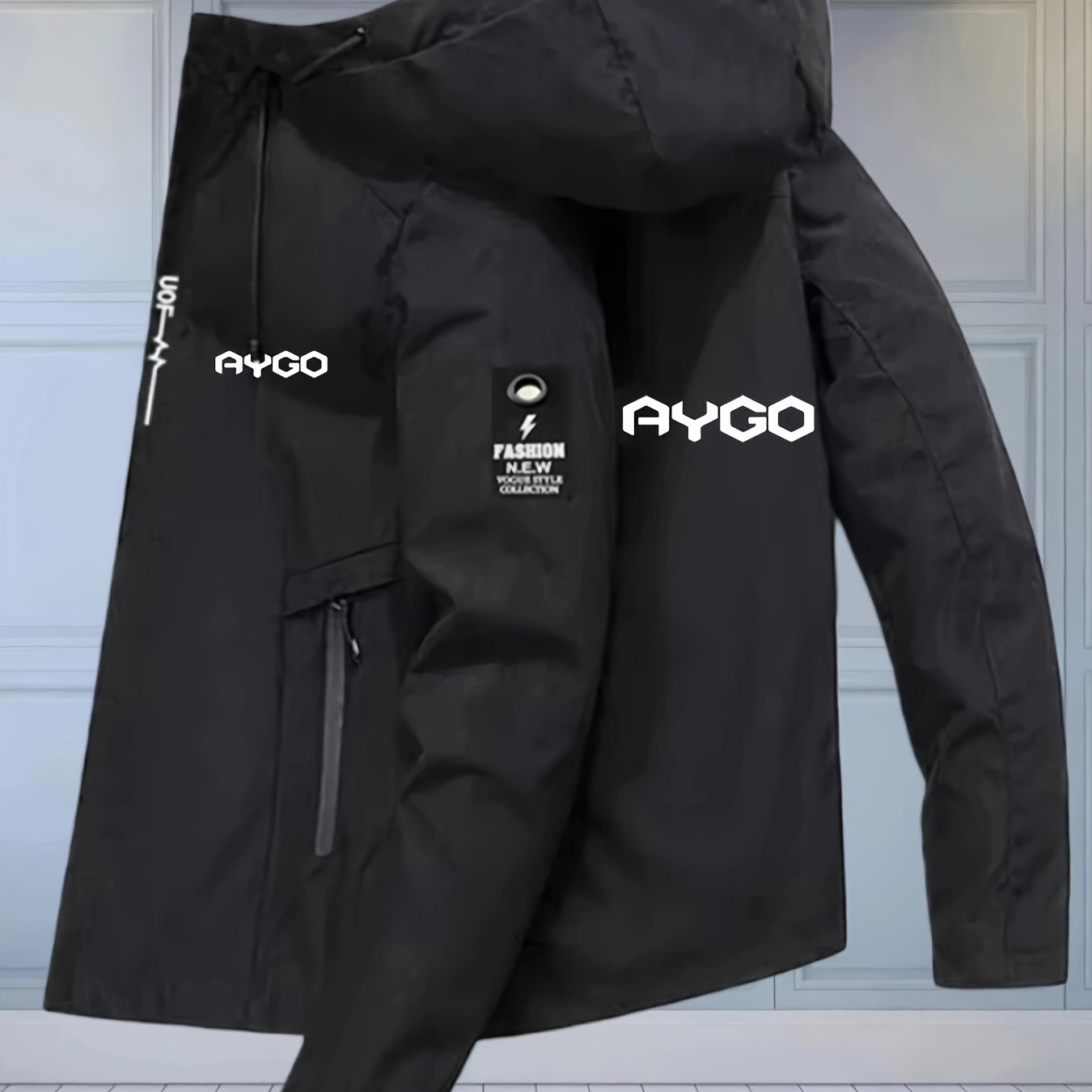TEMU Men's Aygo Letter Print Lightweight Hooded Jacket With Zipper Closure, Windproof Design, 100% Polyester Lightweight Fabric, Multiple Pockets And