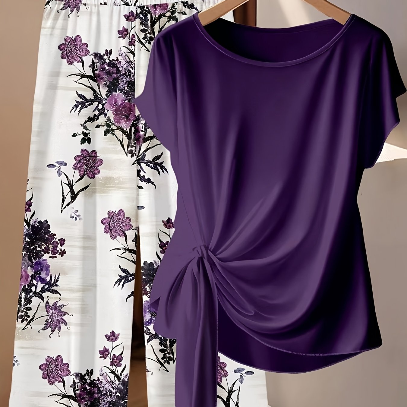 TEMU Women's Casual Purple Waist-cinching Short-sleeve Floral Print Wide-leg Pants Set