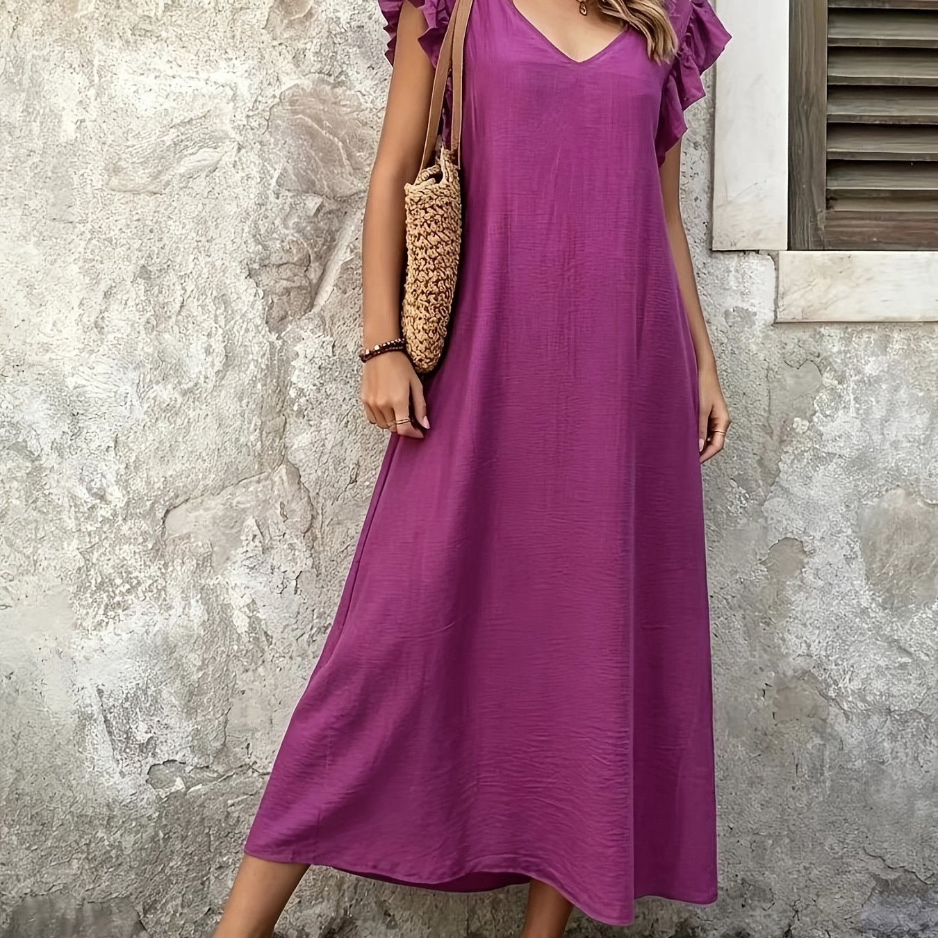 TEMU Women's V-neck Ruffle-hem Maxi Dress With Back Tie Design, Summer Casual Long Dress