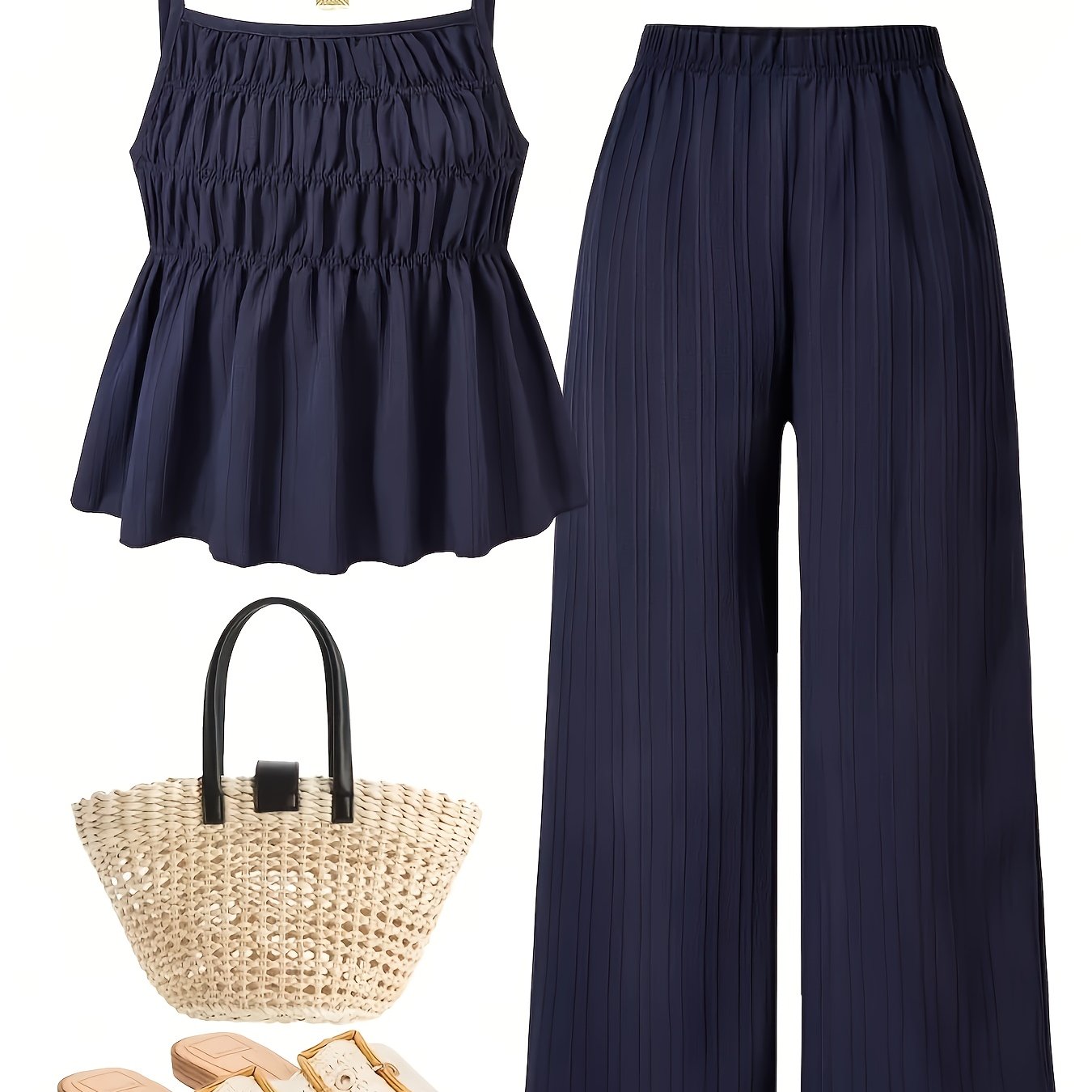 TEMU Commuter Style Solid Color 2pcs Set, Camisole Waist-cinching Short Top And Loose Flowy Wide-leg Pants
