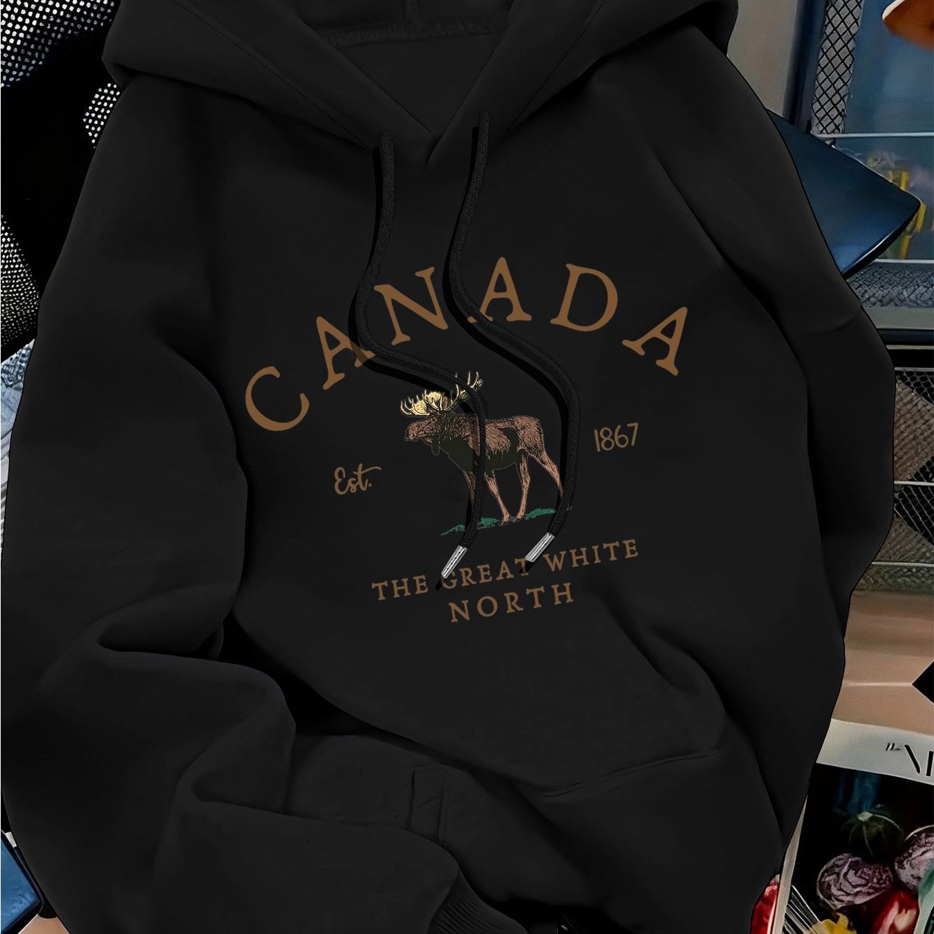 TEMU Sweat à capuche à manches longues avec imprimé lettre, tendance mode 2025, pull ample noir, lavable en machine, tricot d'automne-hiver, tenue