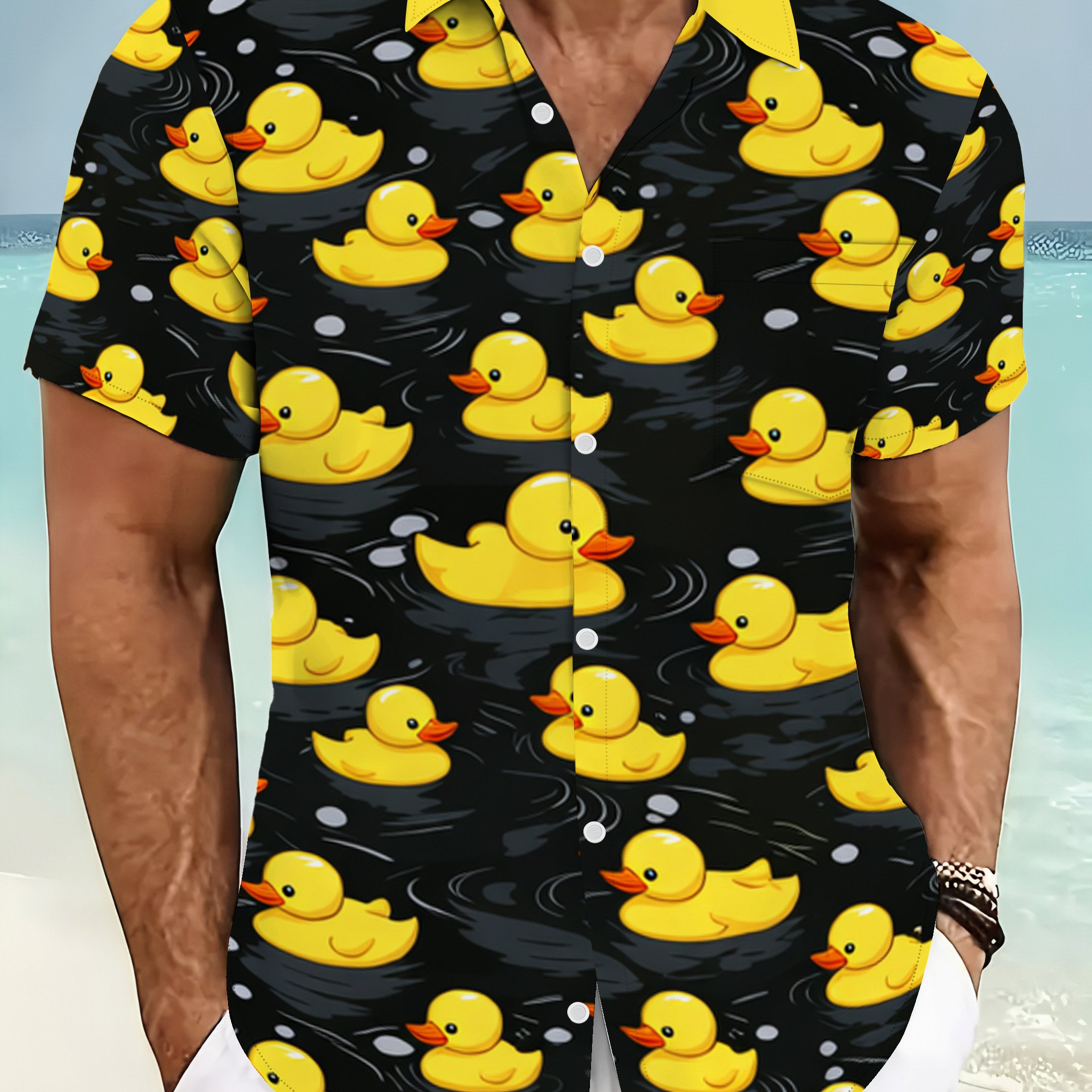 TEMU Men's Fun Duck Print Short-sleeve Shirt, , Plus-size , Comfortable Fabric, Plus Size