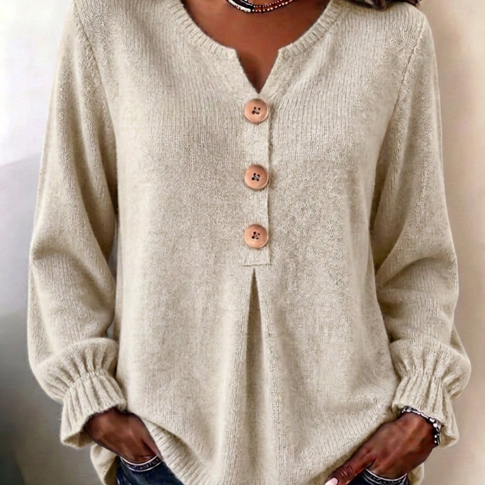 TEMU Grande Taille - Pull Femme Élégant Décontracté Moyen- Printemps Automne Couleur Unie Col Rond Col en V Boutonné Manches Évasées Manches Longues